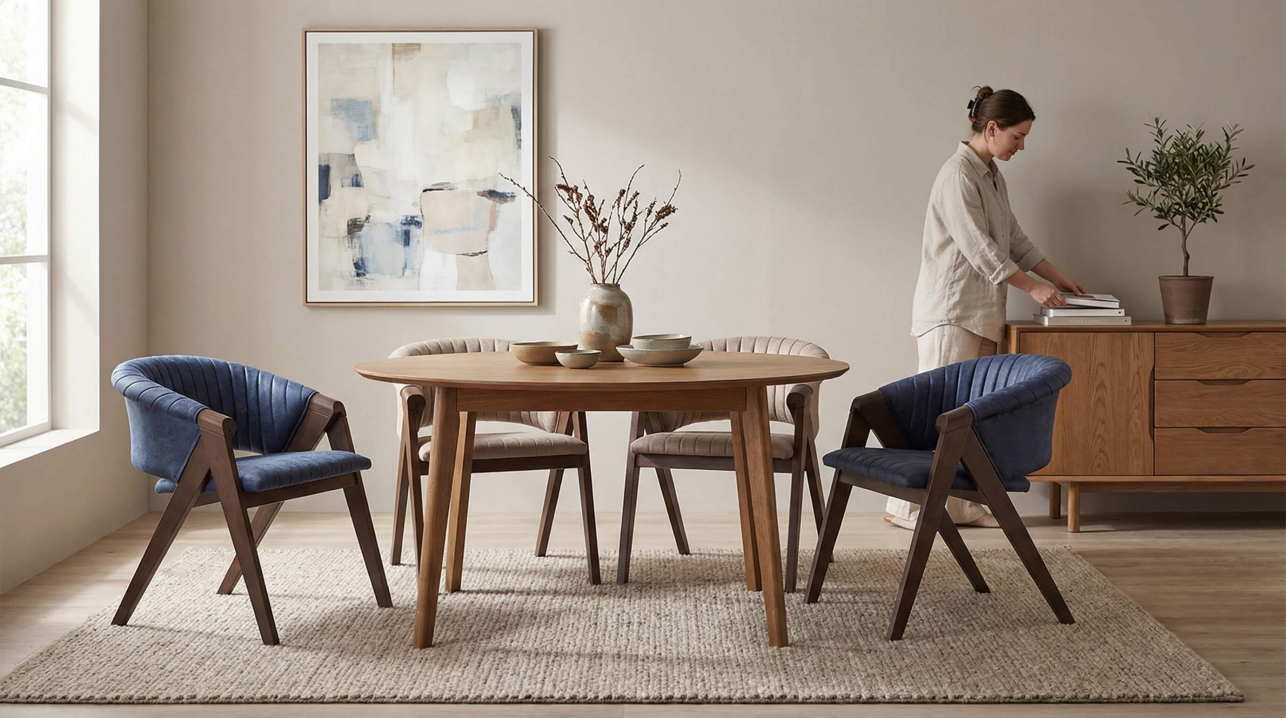 Moderne Essbereiche farblich strukturieren durch harmonische Holz- und Textilkombinationen.