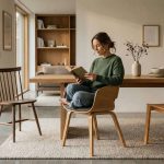 Frau liest entspannt ein Buch im modernen Wohnzimmer mit Holzmöbeln und natürlichem Licht, keyword Gemütlichkeit.