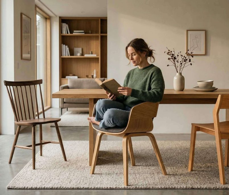 Frau liest entspannt ein Buch im modernen Wohnzimmer mit Holzmöbeln und natürlichem Licht, keyword Gemütlichkeit.