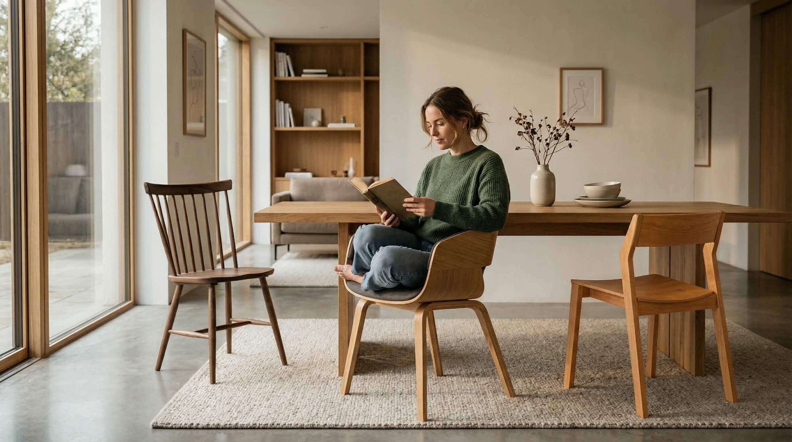 Frau liest entspannt ein Buch im modernen Wohnzimmer mit Holzmöbeln und natürlichem Licht, keyword Gemütlichkeit.