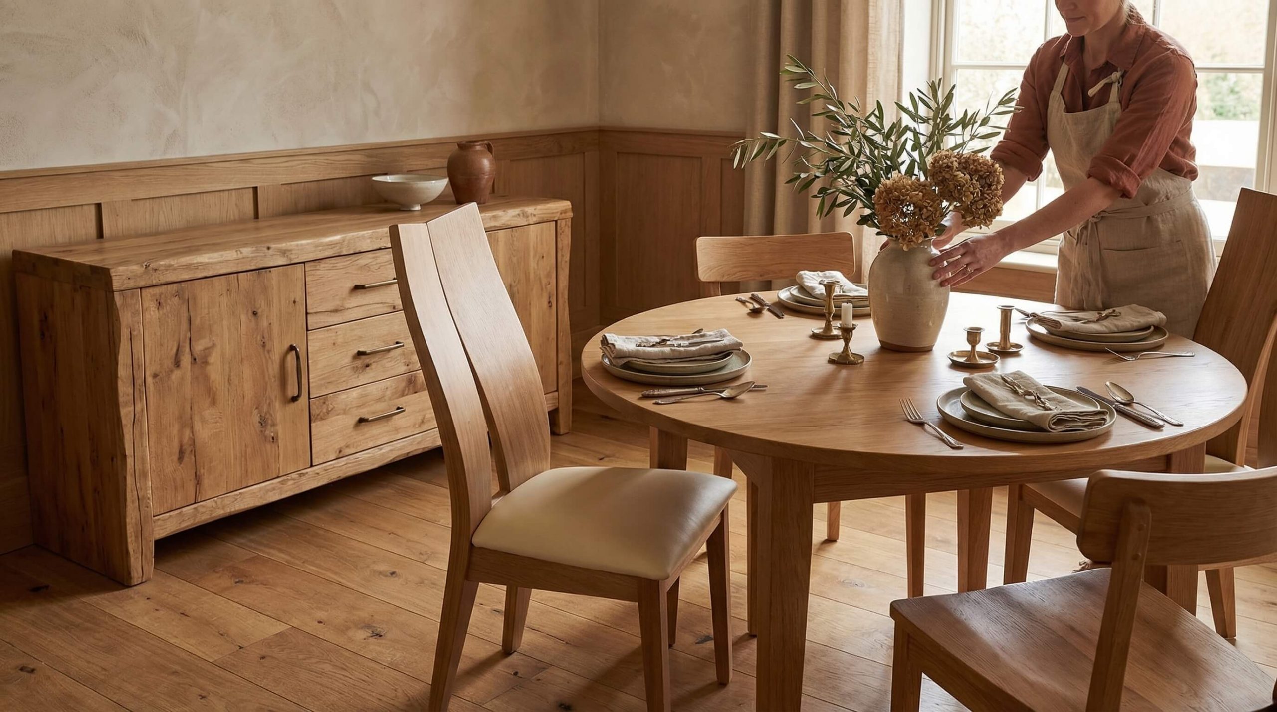 Gemütliche Esszimmerszene, die zeigt, wie Sie Esszimmer Holzmaterialien gezielt kombinieren und warm inszenieren.