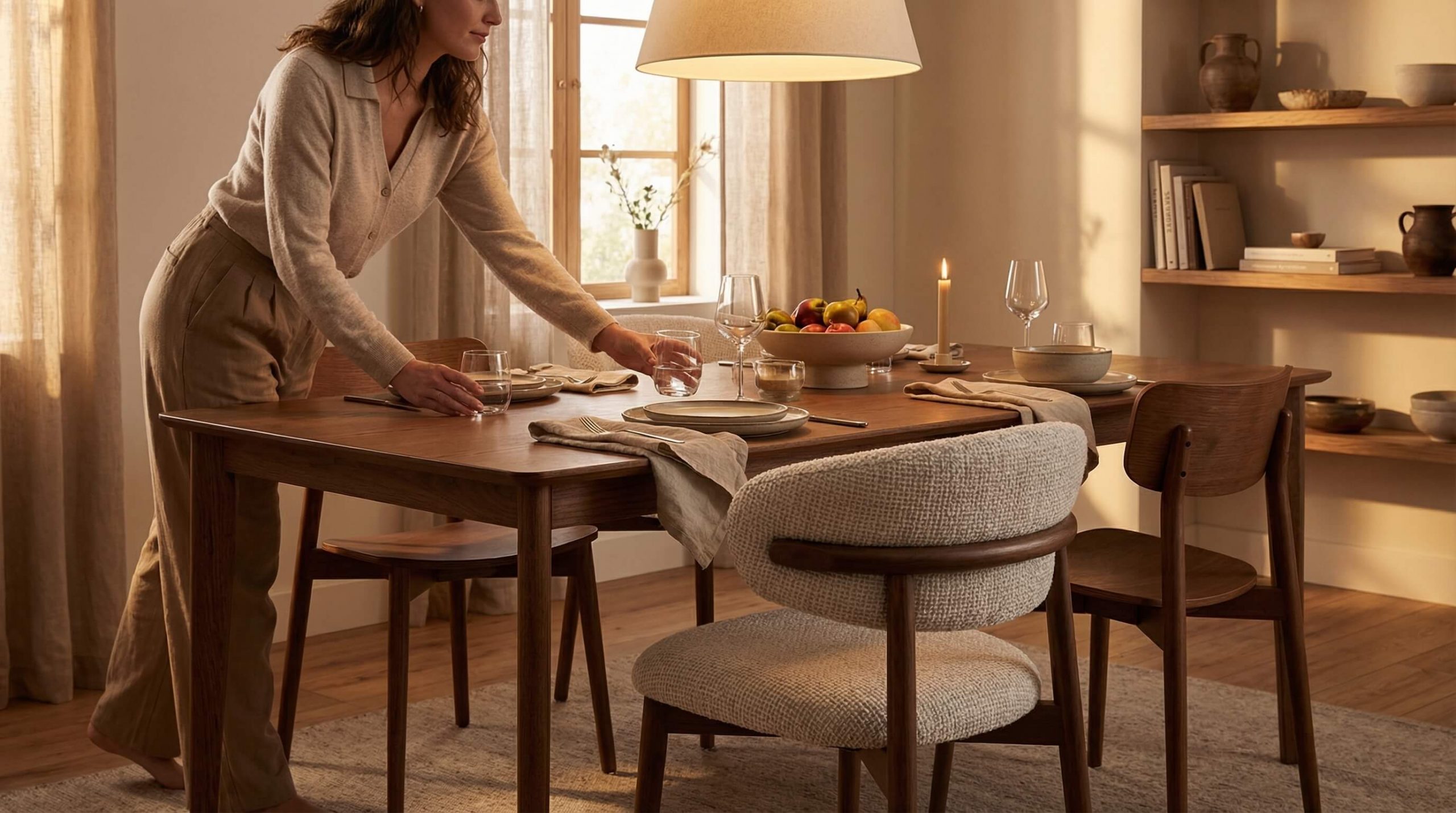Essbereich mit Fokus auf Holzstuhl Komfort Alltag Esszimmer, sanfter Beleuchtung und natürlicher Materialität.