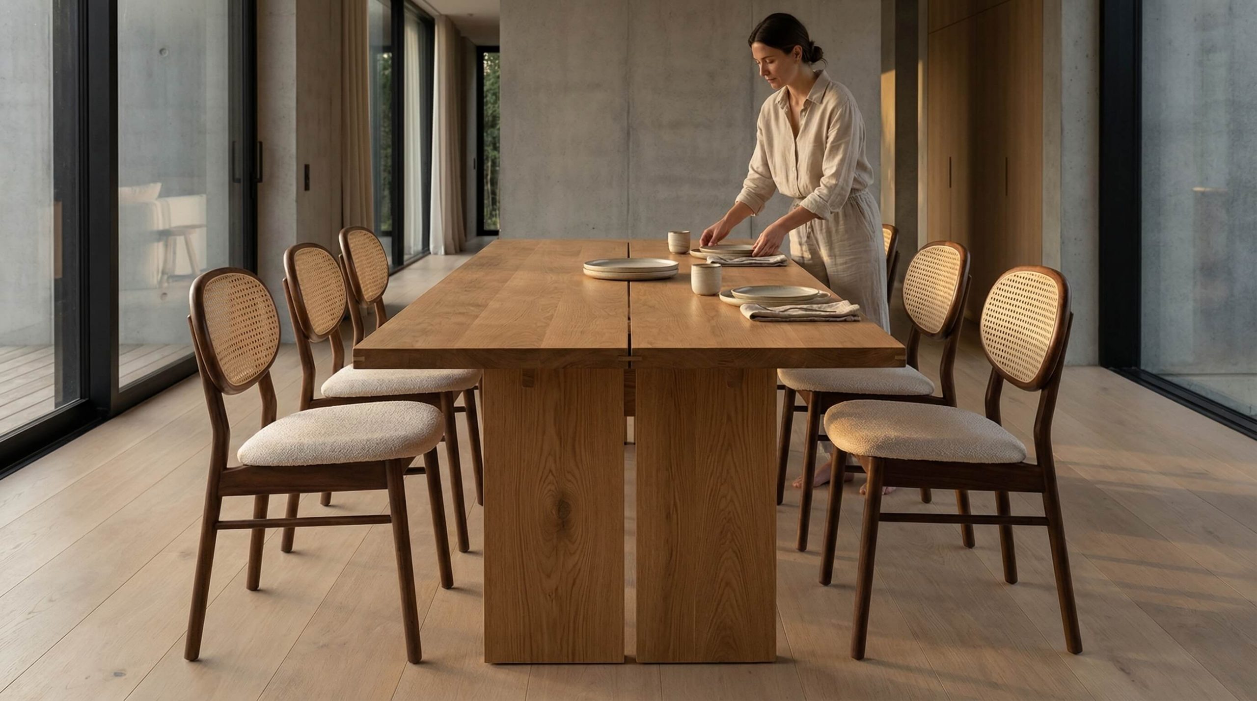 Holzstühle große Essbereiche arrangieren: Esszone mit Eichenholzstühlen im warmen Abendlicht hochwertig inszeniert.