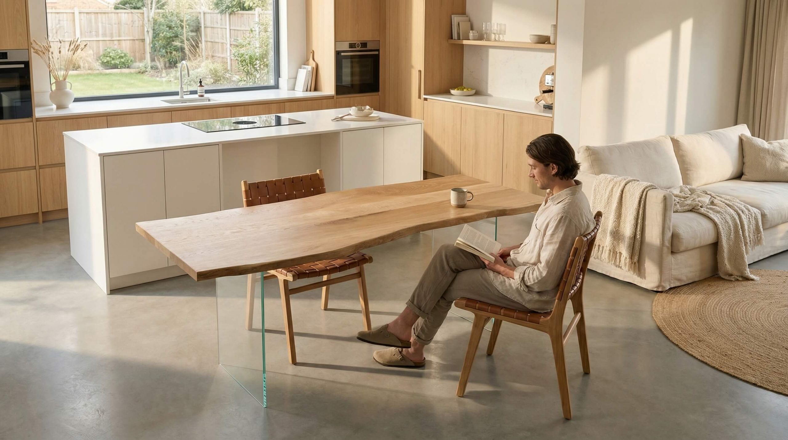 Helle Wohnküche mit ergonomischen Tischhöhen und komfortablem Sitzen in natürlichem Eichenambiente.