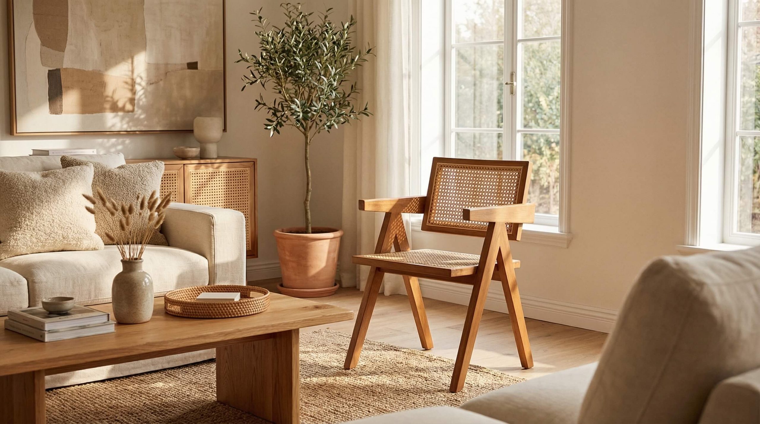 Wohnräume mit Rattanstrukturen auflockern durch eine helle moderne Szene mit warmem Eichenholz und sanften Naturakzenten.