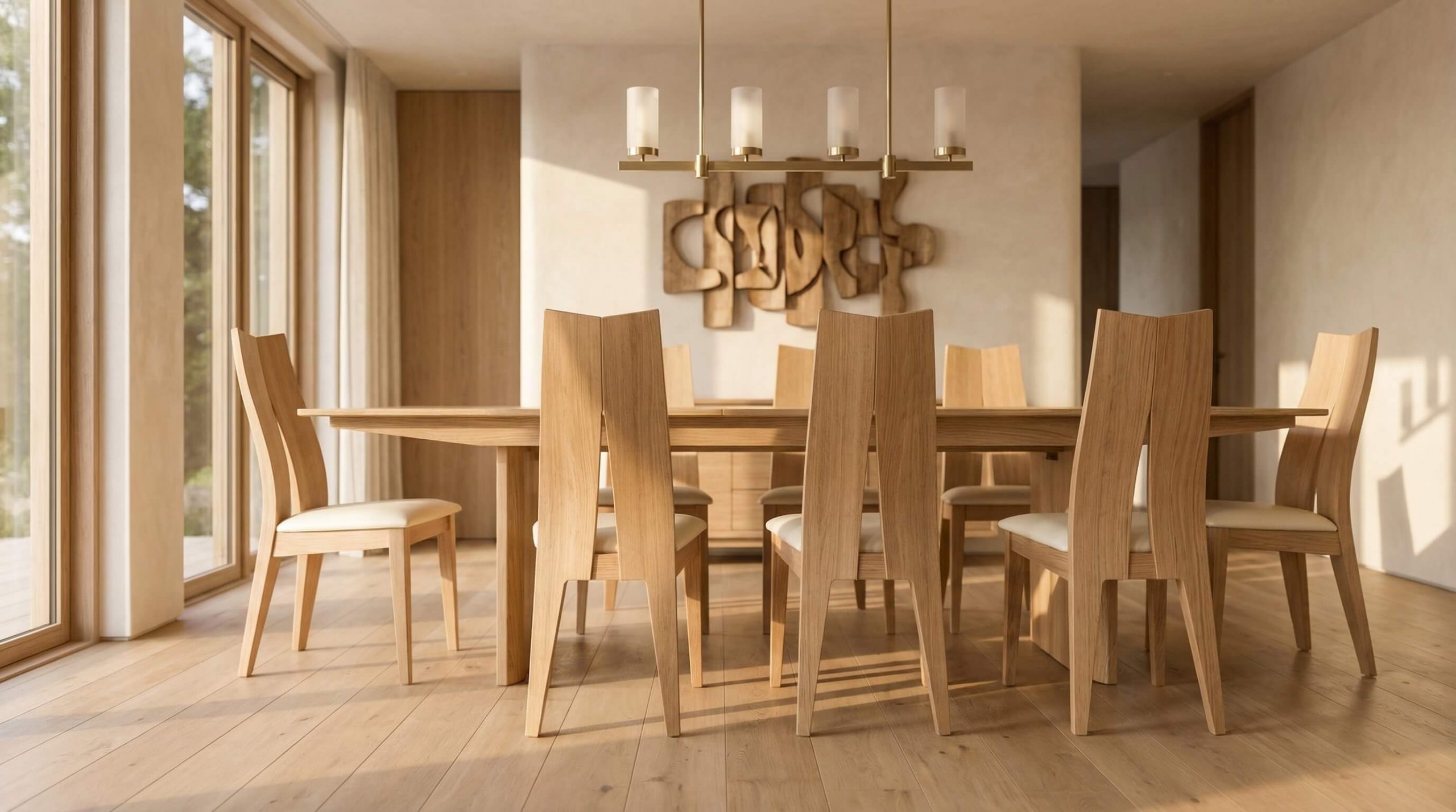 Elegantes Esszimmer mit harmonischen Kontrasten, das zeigt, wie sich Esszimmer Holzmaterialien gezielt kombinieren lassen.