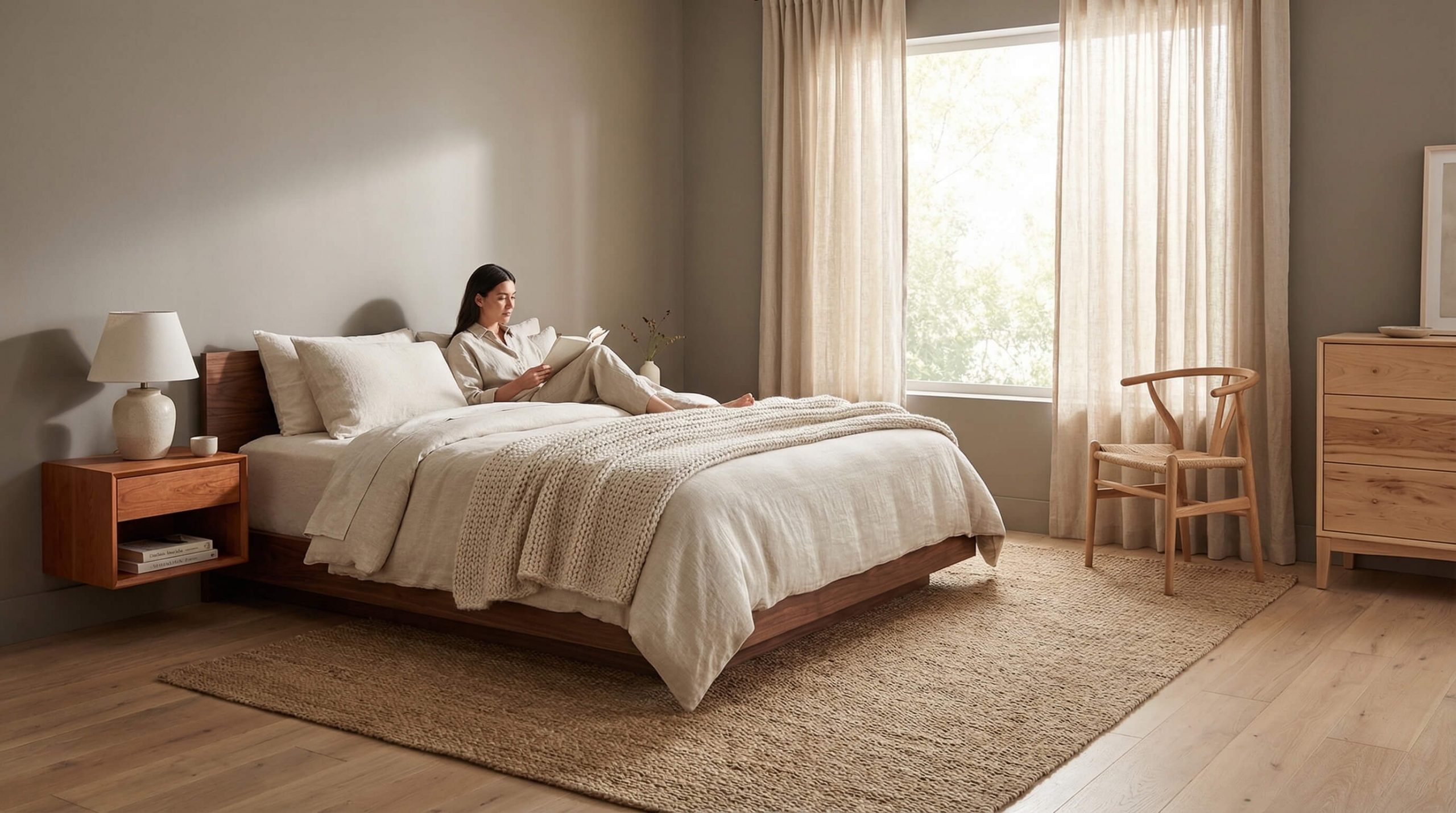 Schlafzimmer mit ruhigem Design und Fokus auf Holzarten Unterschiede hochwertige Möbel erkennen.