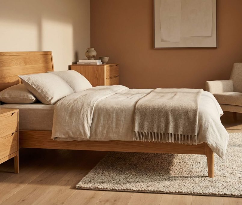 Hyperrealistische Interior-Szene, die Holzarten Unterschiede hochwertige Möbel erkennen lässt, mit warmem Licht und edlem Eichenmöbel.