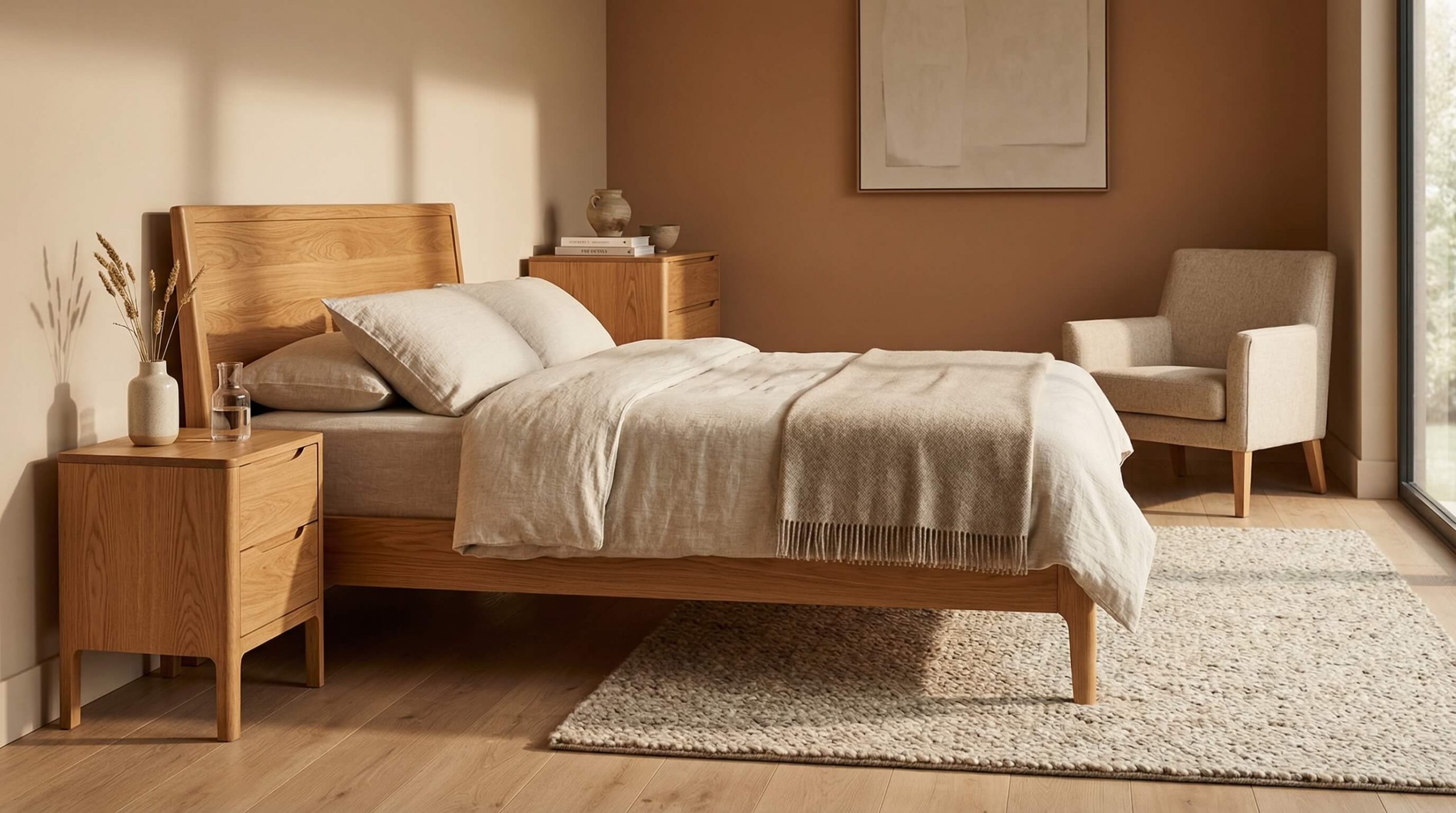 Hyperrealistische Interior-Szene, die Holzarten Unterschiede hochwertige Möbel erkennen lässt, mit warmem Licht und edlem Eichenmöbel.