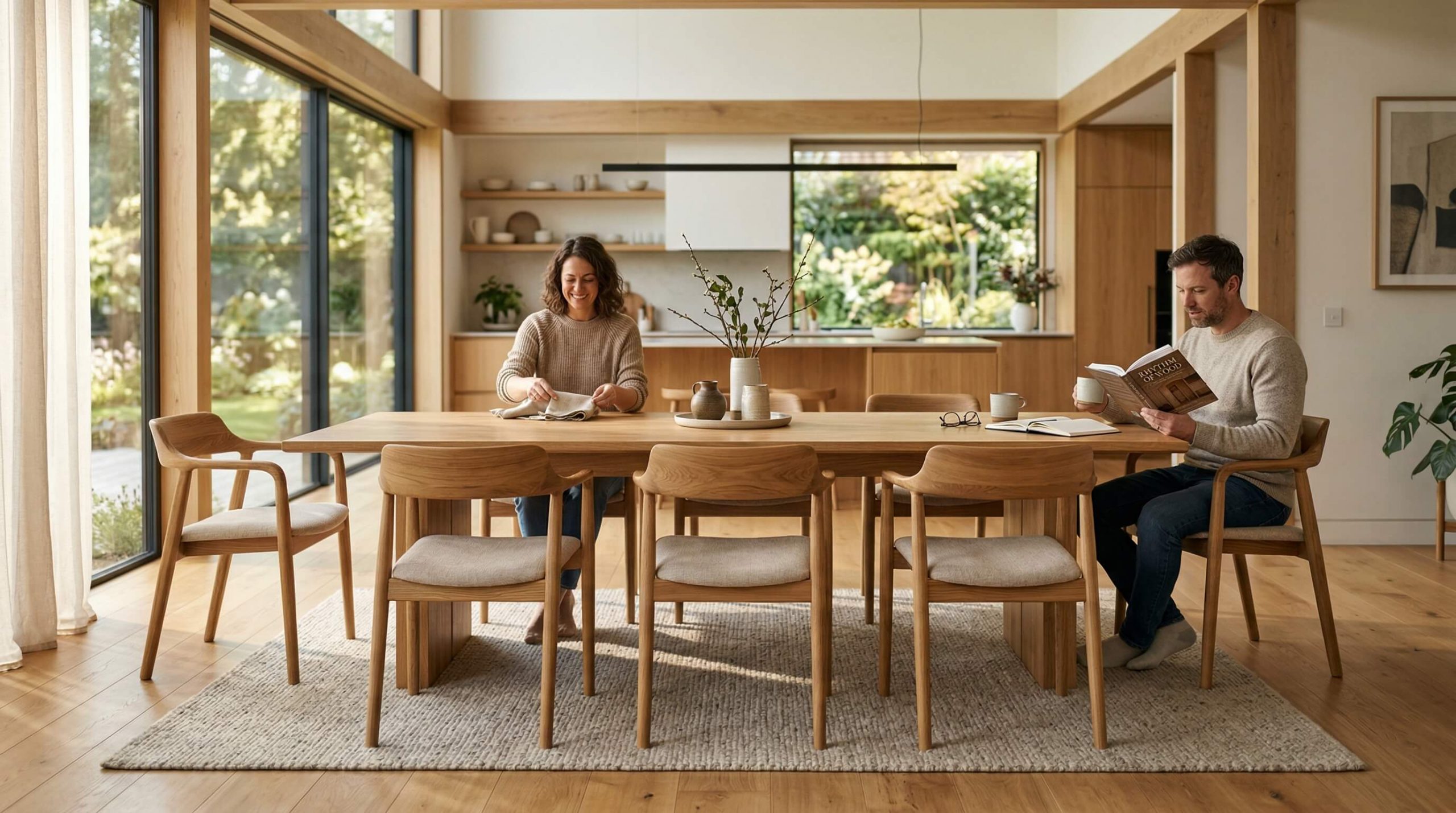 Hyperrealistische Szene, die zeigt, wie man Holzstühle große Essbereiche arrangieren kann und harmonisch in ein warmes minimalistisches Raumkonzept integriert.