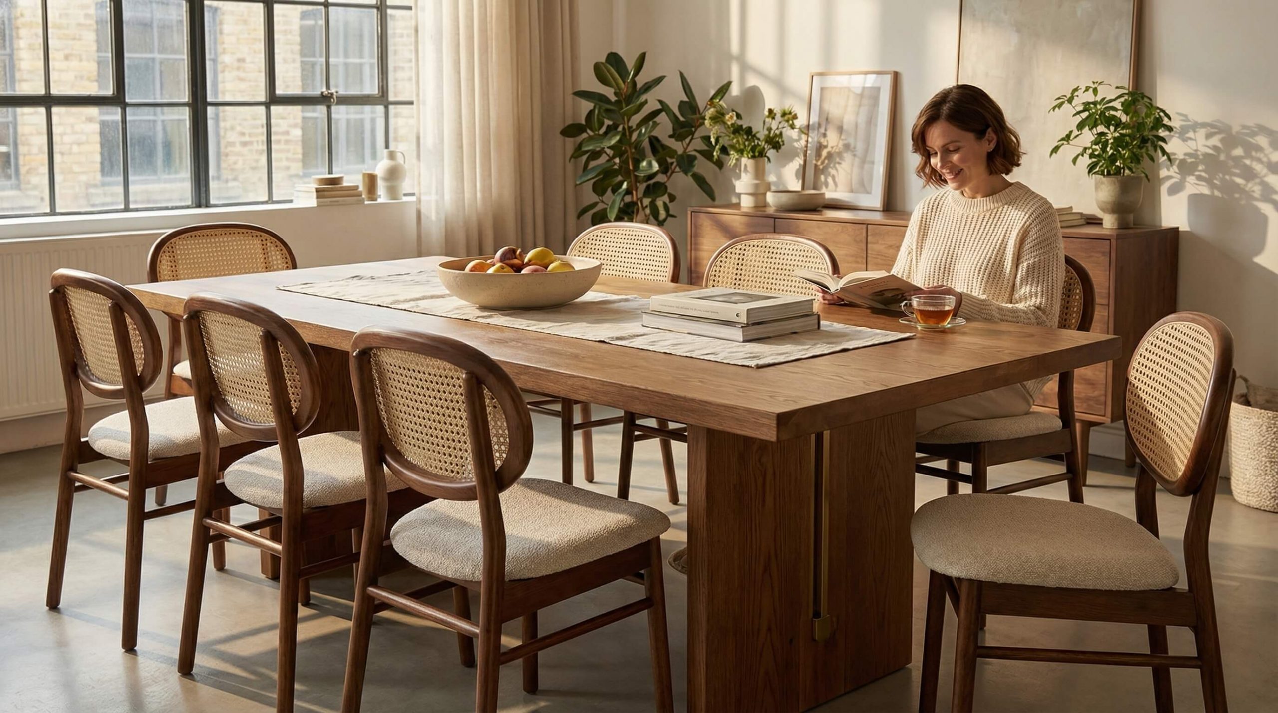 Holzstühle große Essbereiche arrangieren: warmer offener Raum mit Eichenmöbeln in moderner Wohnatmosphäre.