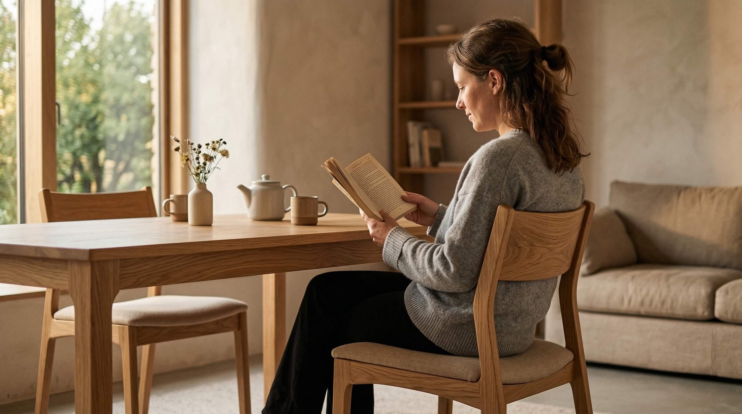 Hyperrealistische Szene zu Holzstuhl Komfort Alltag Esszimmer mit warmem Licht, Eiche-Mobeln und klarer moderner Atmosphäre.