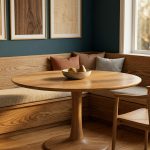 Hyperrealistische Szene zum Thema Kleine Essbereiche Massivholz planen mit warmem Licht und modernem kompaktem Eichen-Esstisch.