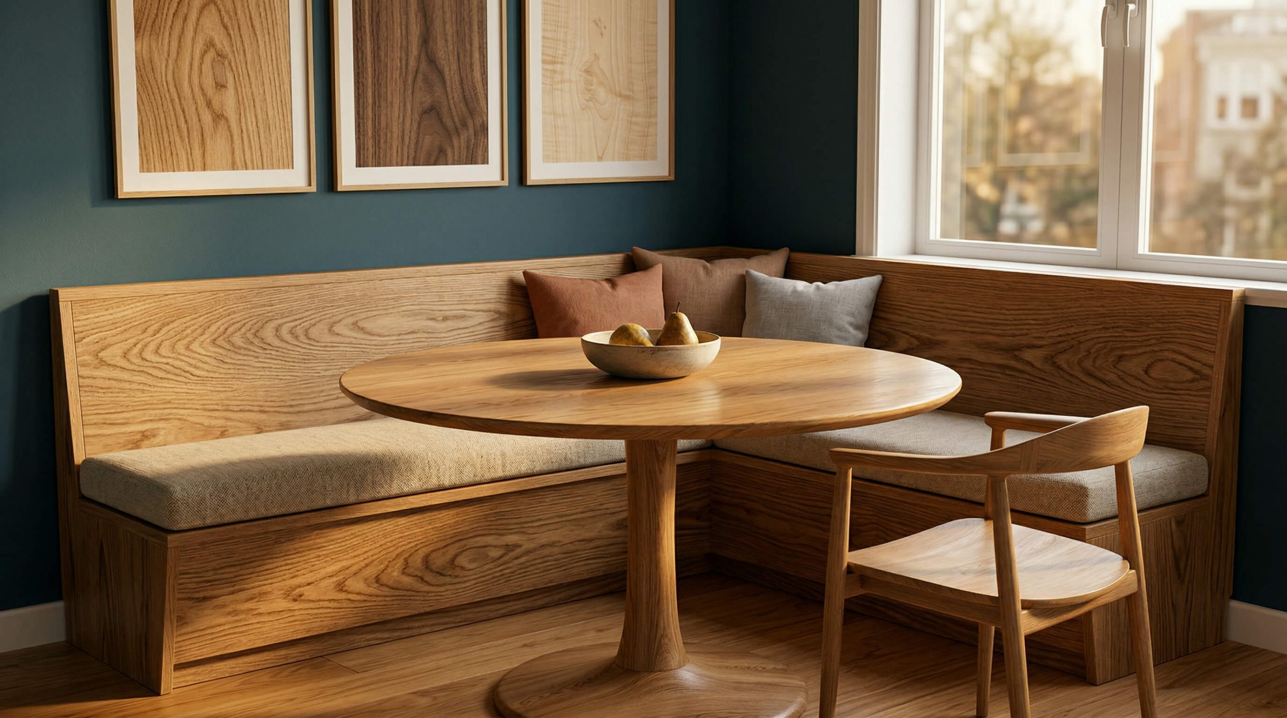 Hyperrealistische Szene zum Thema Kleine Essbereiche Massivholz planen mit warmem Licht und modernem kompaktem Eichen-Esstisch.