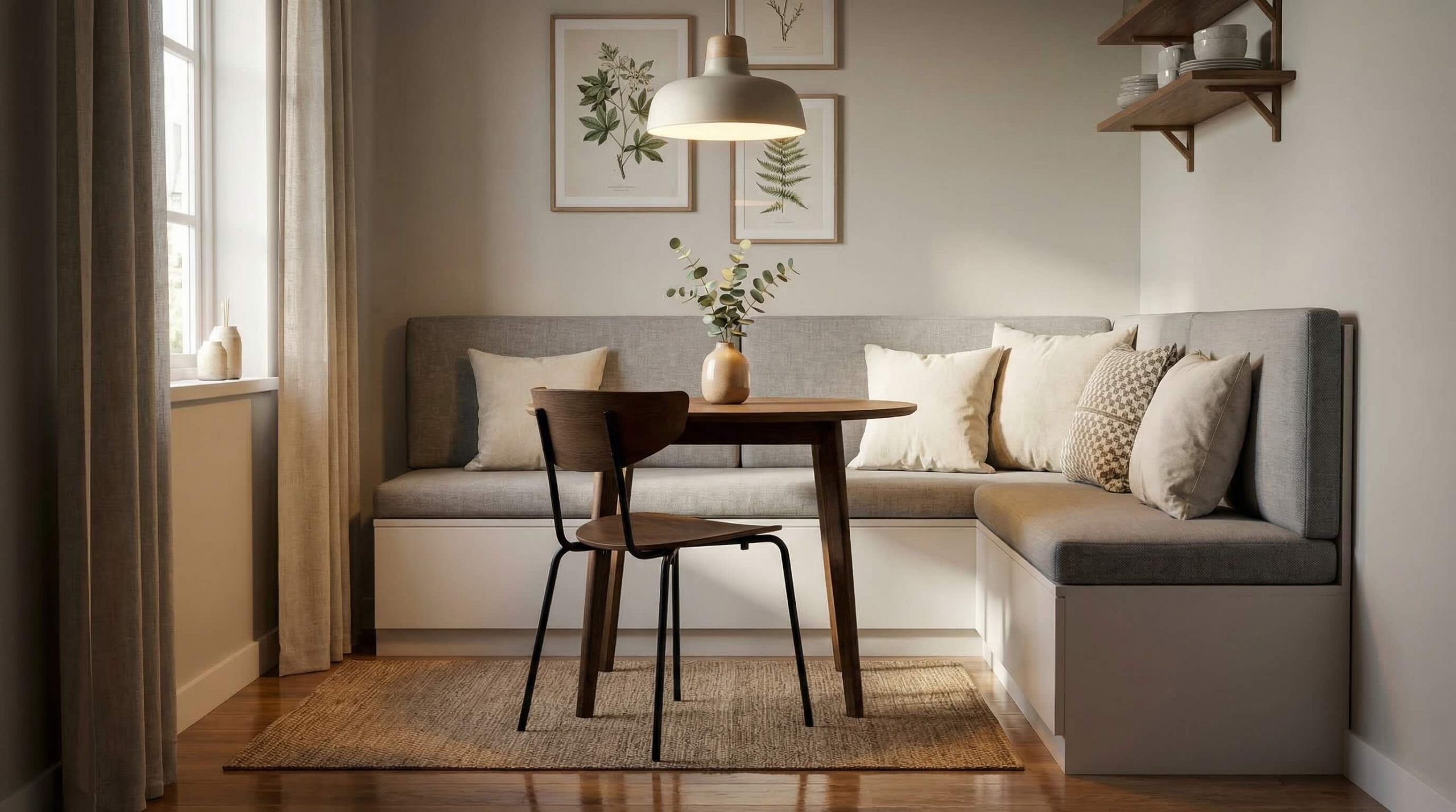 Hyperrealistische Darstellung einer kleinen Essnische, die durch warme Holzstrukturen und klare Formen besonders wohnlich gestaltet ist, Thema: Kleine Essnischen wohnlich gestalten.