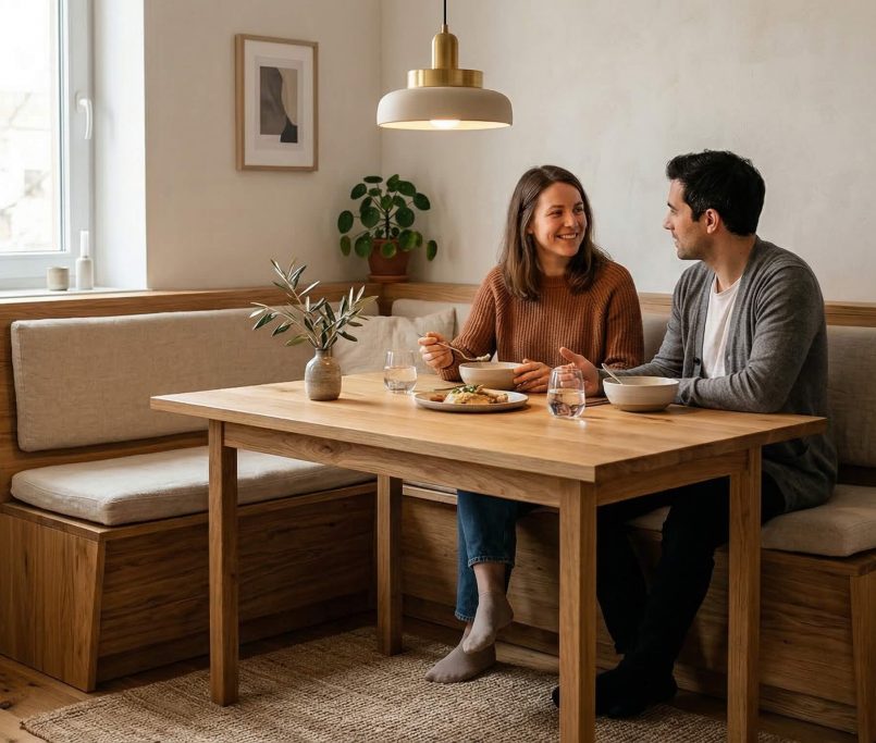 Hyperrealistisches Interieur für Kleine Essnischen wohnlich gestalten mit warmem Licht, Eiche und klarer Struktur.