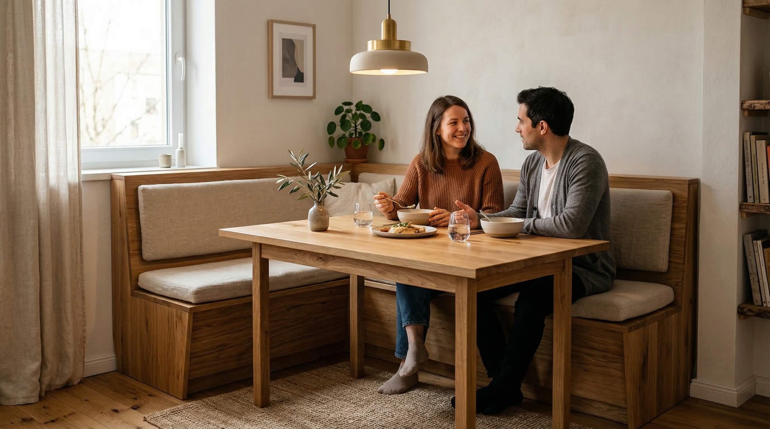 Hyperrealistisches Interieur für Kleine Essnischen wohnlich gestalten mit warmem Licht, Eiche und klarer Struktur.