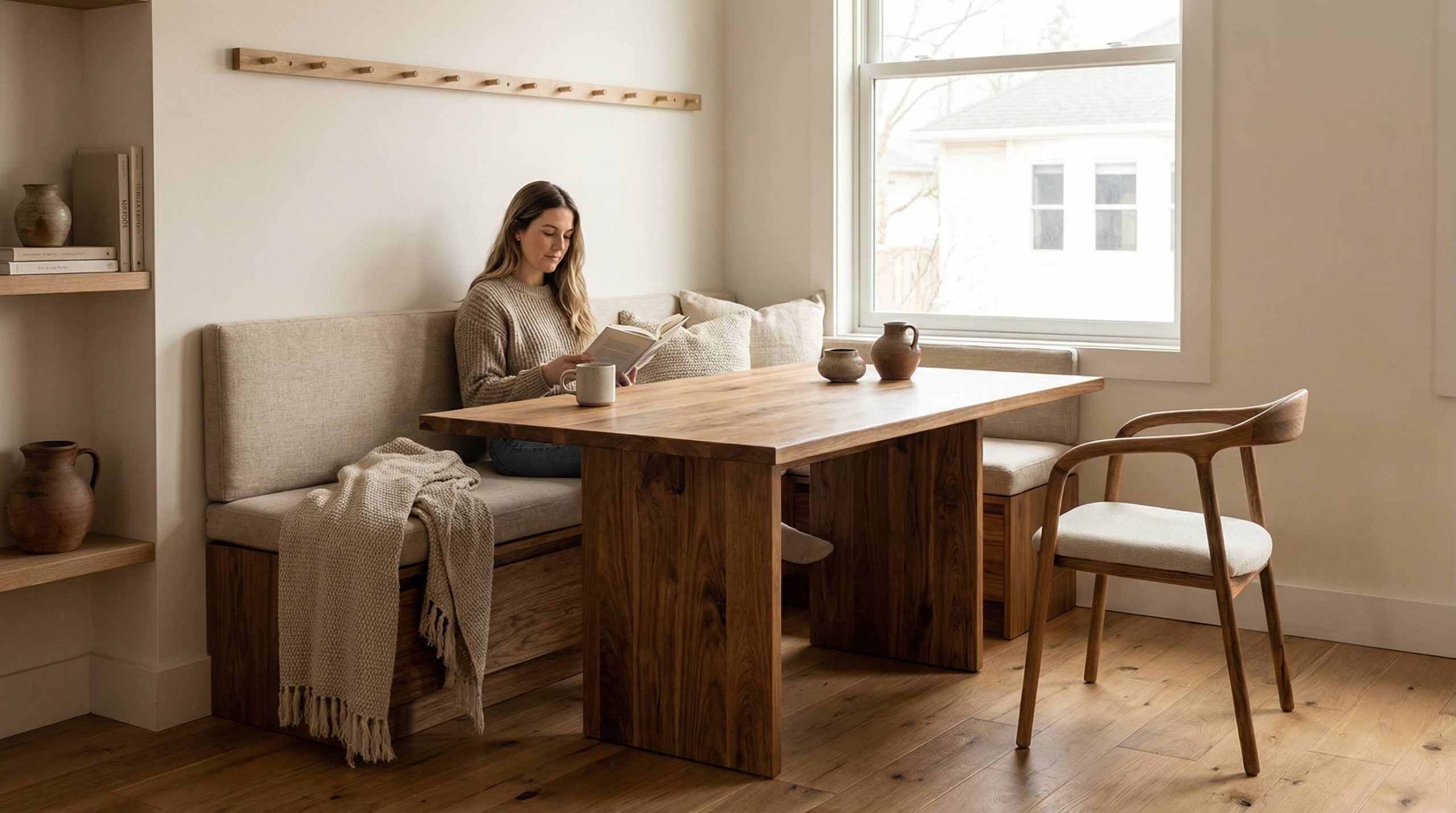 Kompakter Essplatz mit Massivholztisch und integrierter Wandbank.