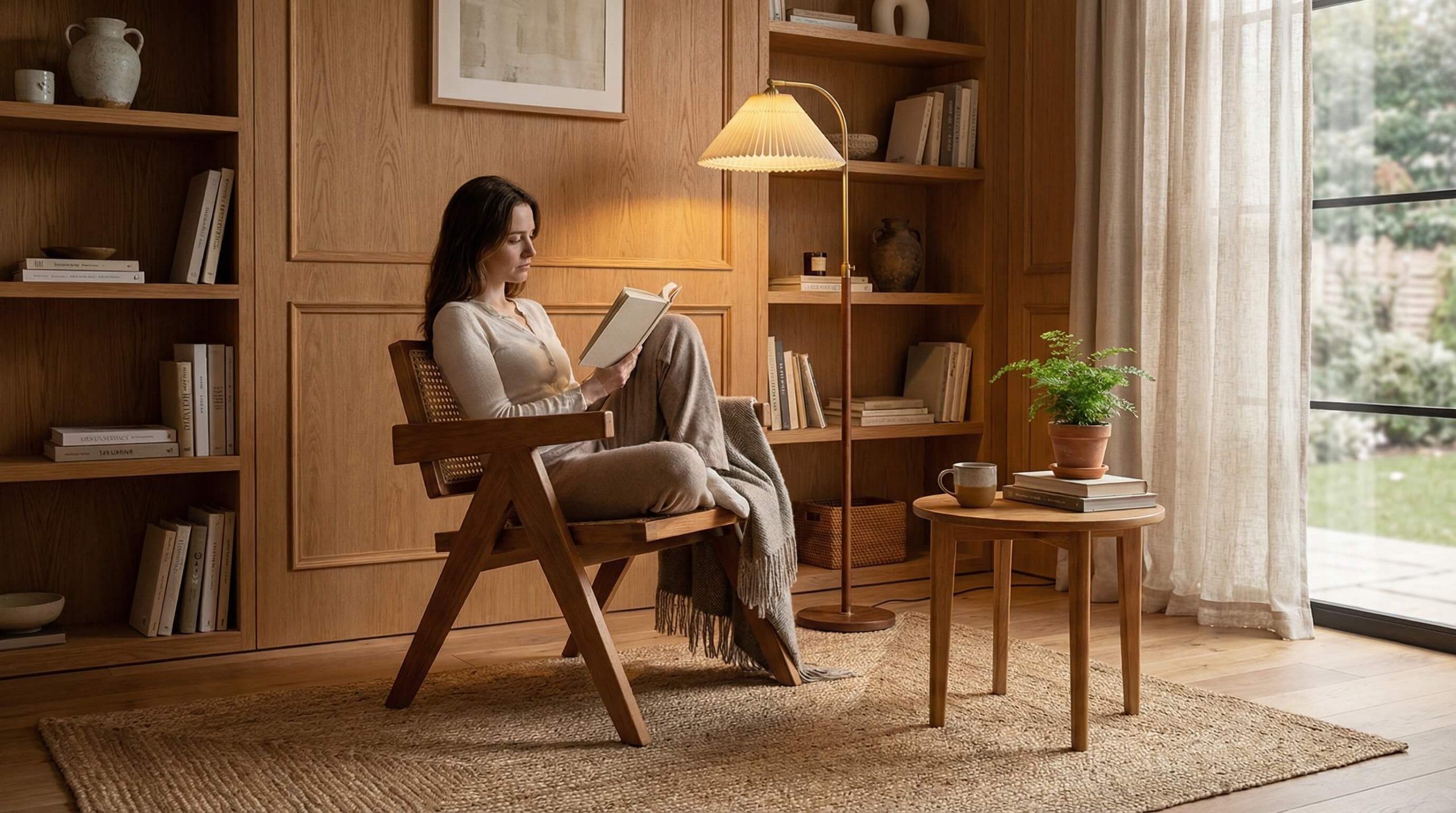 Gemütliche Leseecke, ideal um Rattan und Eiche im Interior zu kombinieren, warmes Licht und natürliche Materialien.