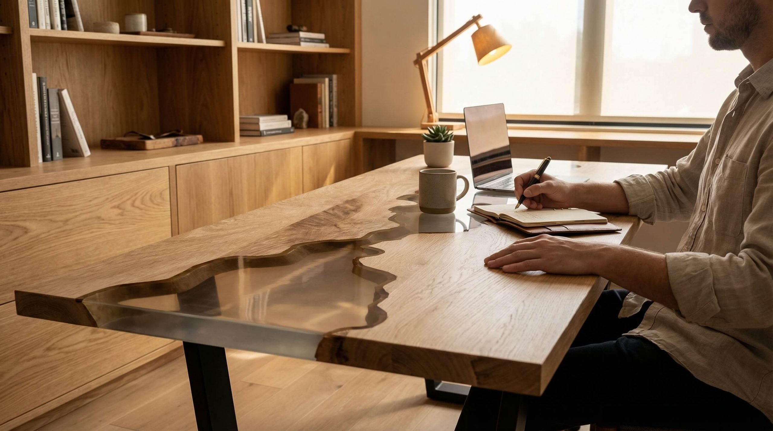 Moderner Arbeitsbereich mit Fokus auf natürliche Maserung und Massivholz Tischpflege langfristige Schönheit.