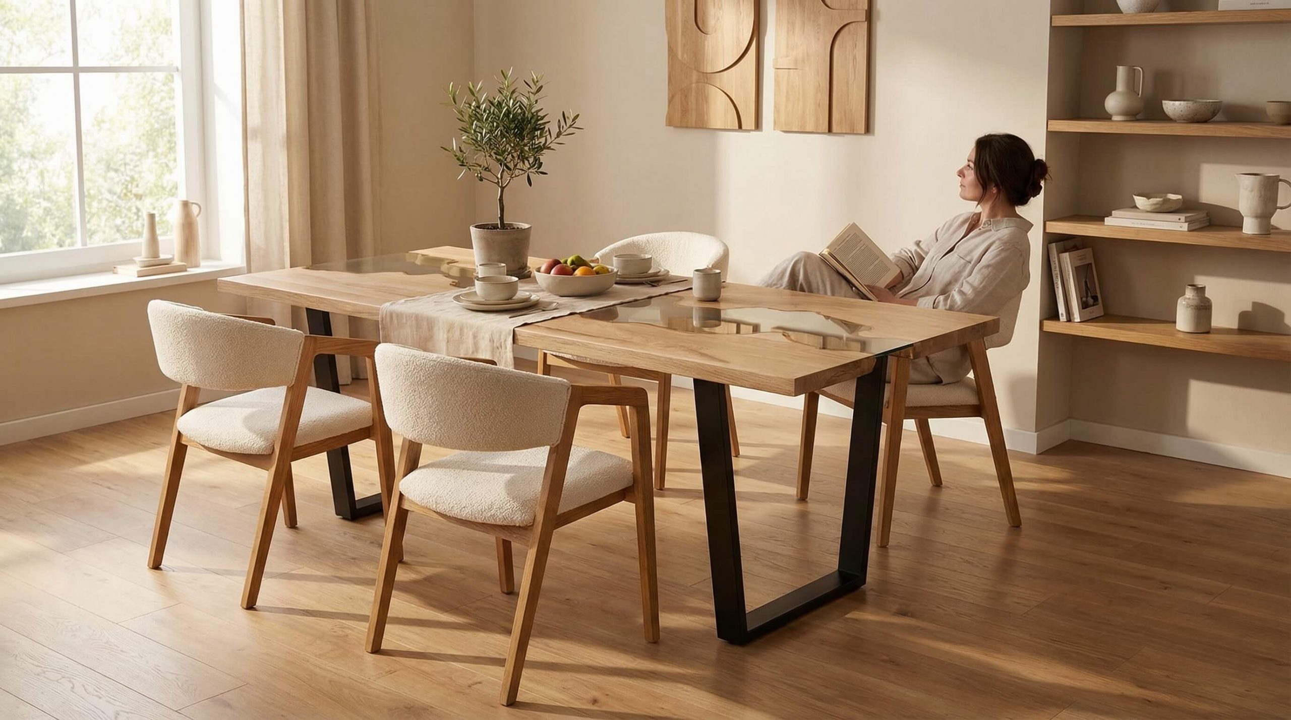 Helles Premium-Interieur mit Fokus auf Massivholz Tischpflege langfristige Schönheit in warmem Tageslicht.