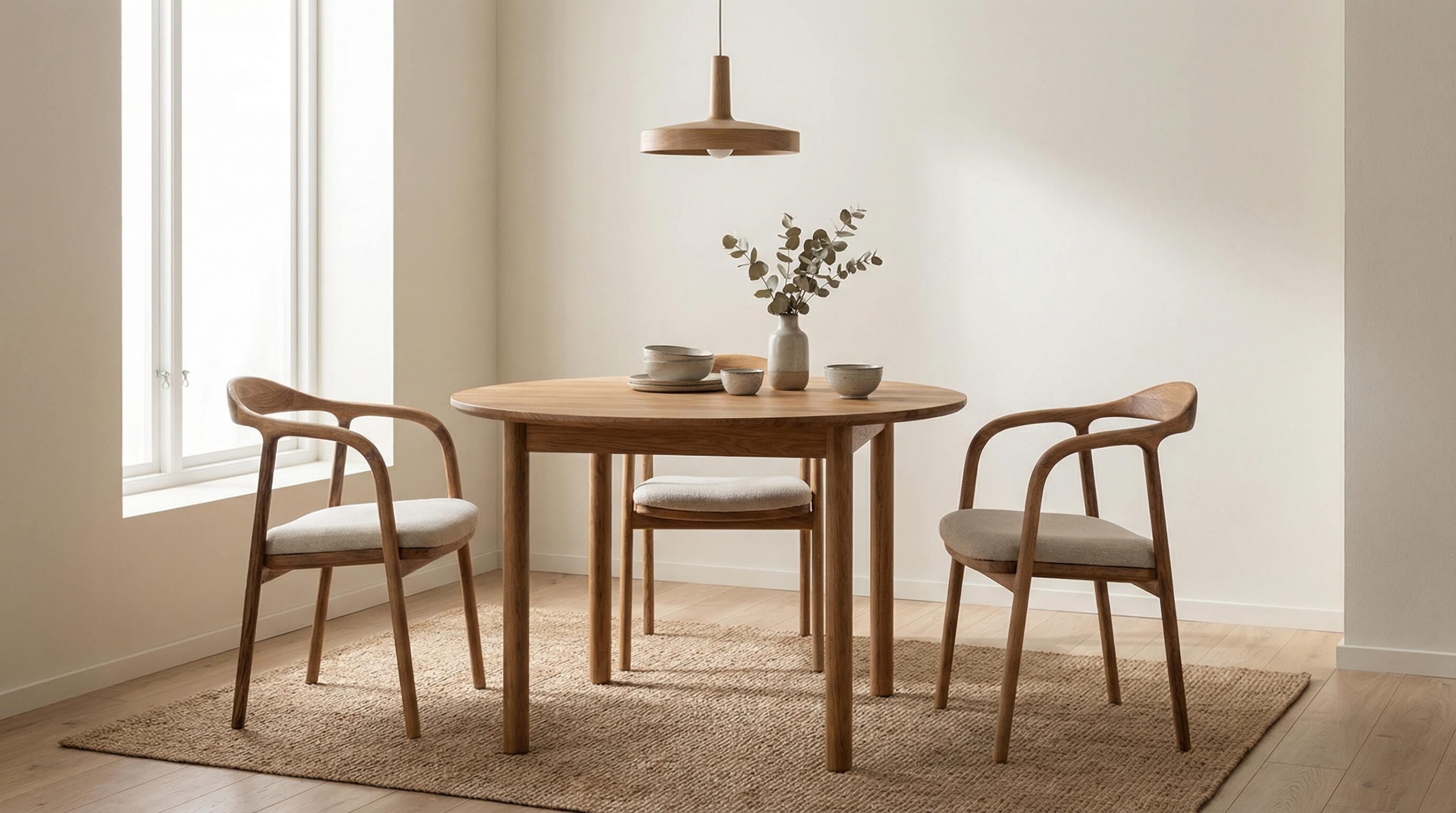 Kleine Essbereiche Massivholz planen: ruhiger nordischer Essplatz mit Eichenholz und klaren Linien.