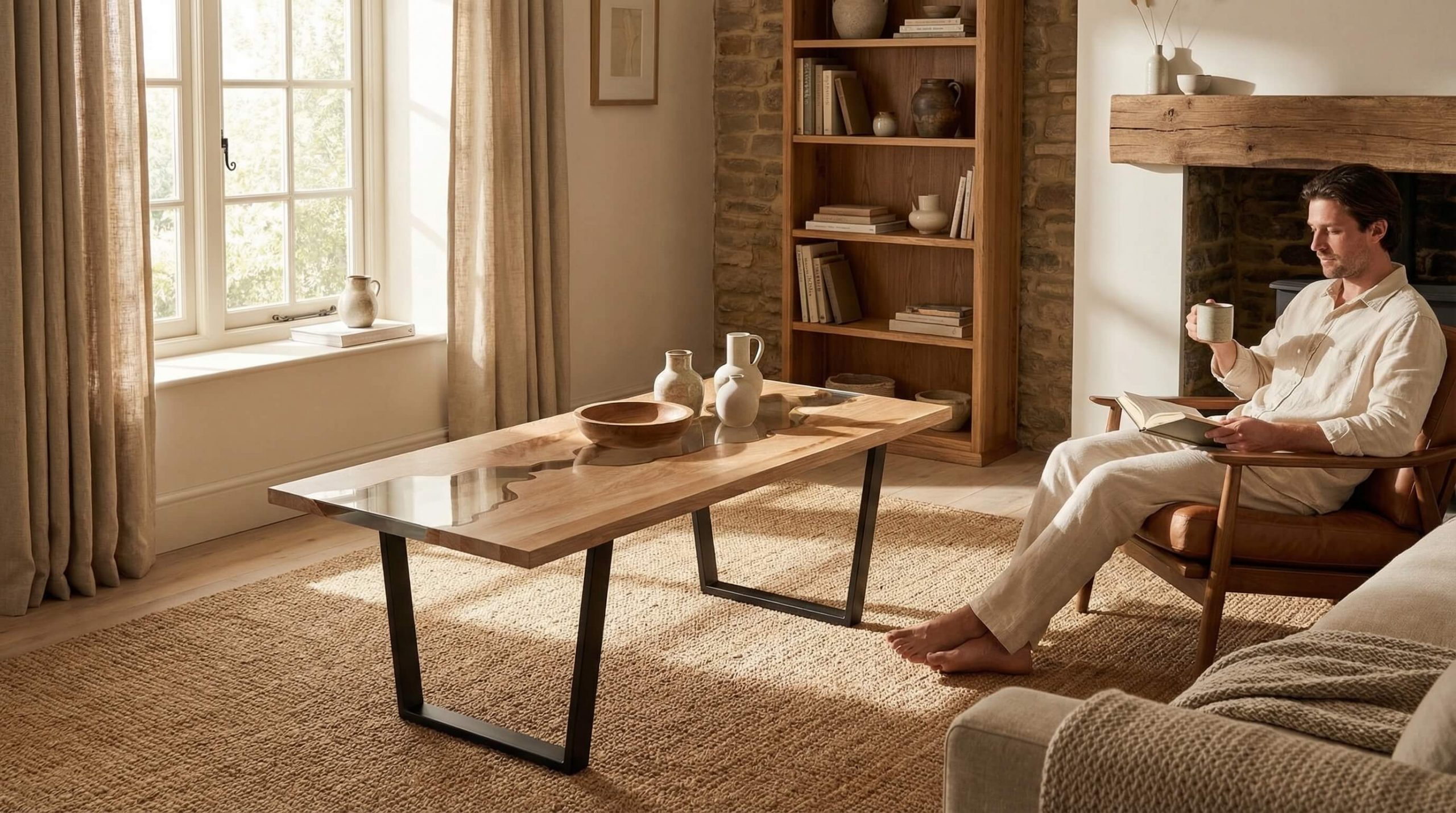 Hochwertiger Wohnraum mit Eiche und Akzenten für Massivholz Tischpflege langfristige Schönheit.