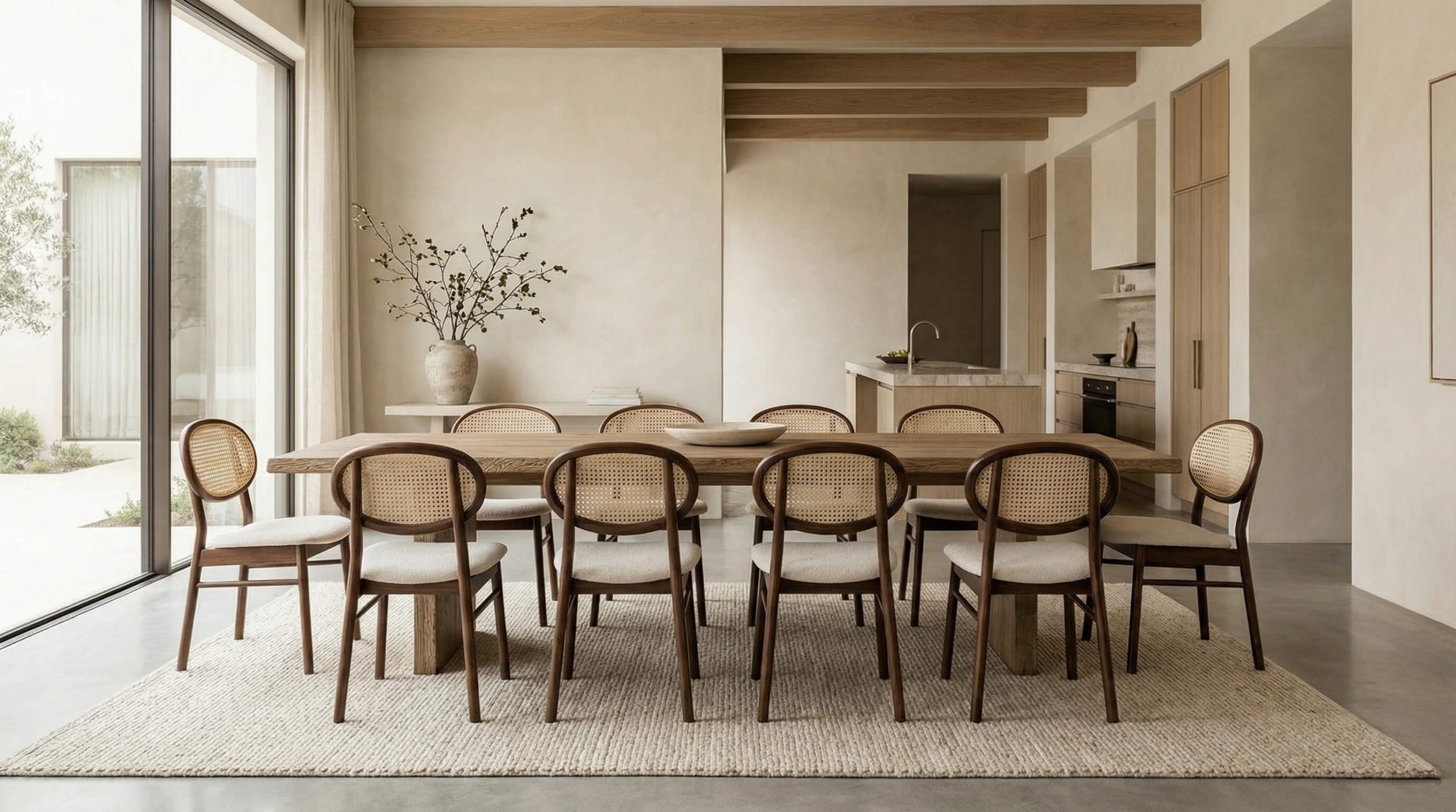 Holzstühle große Essbereiche arrangieren: minimalistischer Raum mit klar strukturierten Eichenstühlen und weichem Licht.