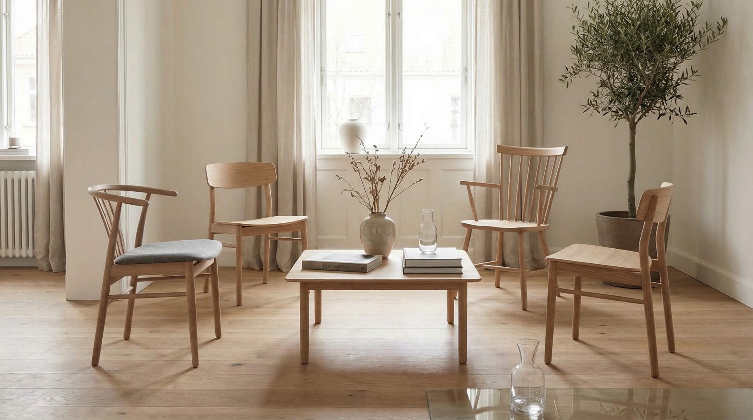 Modernes Wohnzimmer in warmen Holztönen, das Eichenstuhl Formen richtig auswählen harmonisch zeigt.