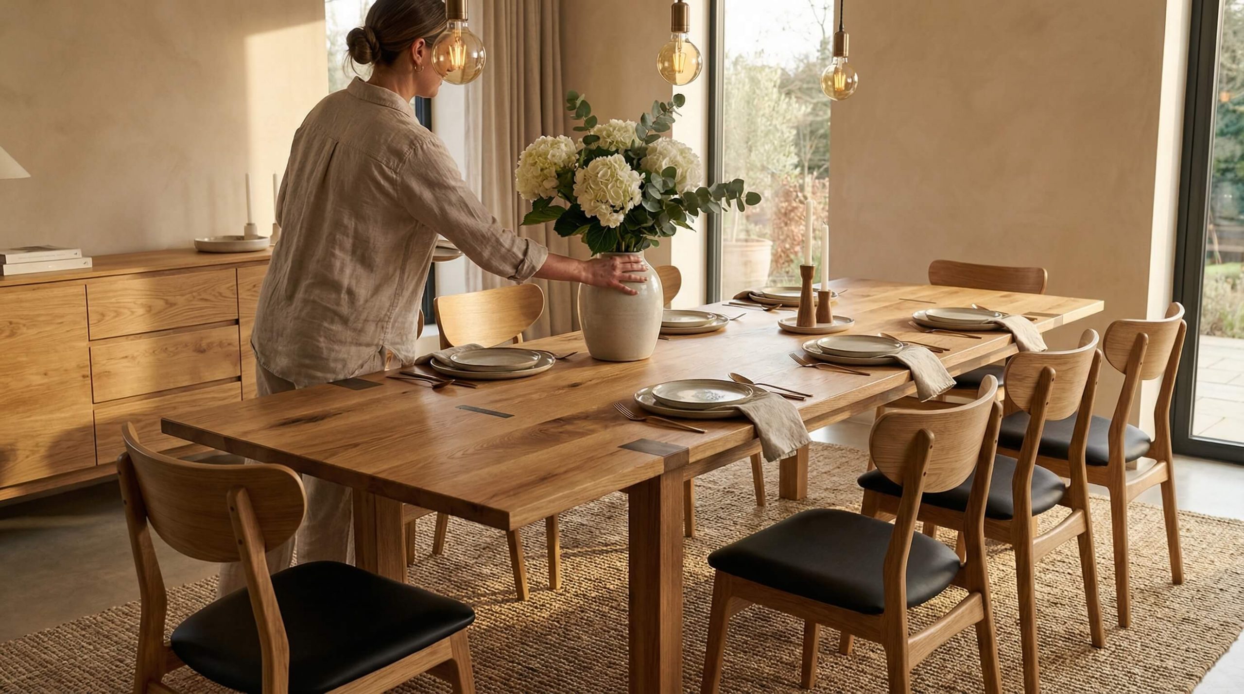 Moderner Essbereich aus massiver Eiche, der deutlich Premium Holzverarbeitung Qualität erkennen lässt.