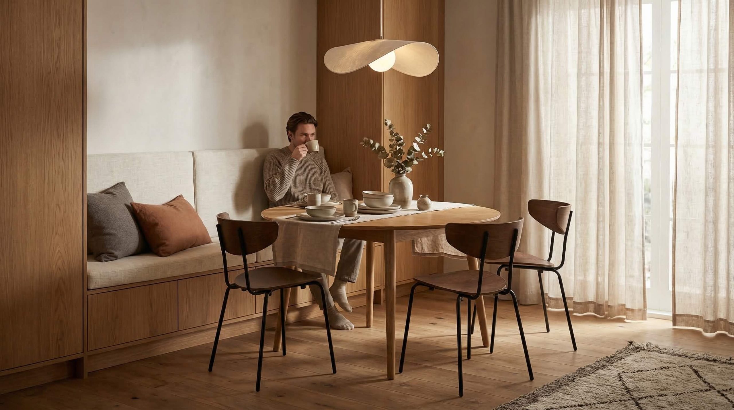 Moderne, warme Darstellung einer kleinen, wohnlich gestalteten Mini-Essnische mit Eichenholz und sanfter Beleuchtung, passend zum Thema Kleine Essnischen wohnlich gestalten.