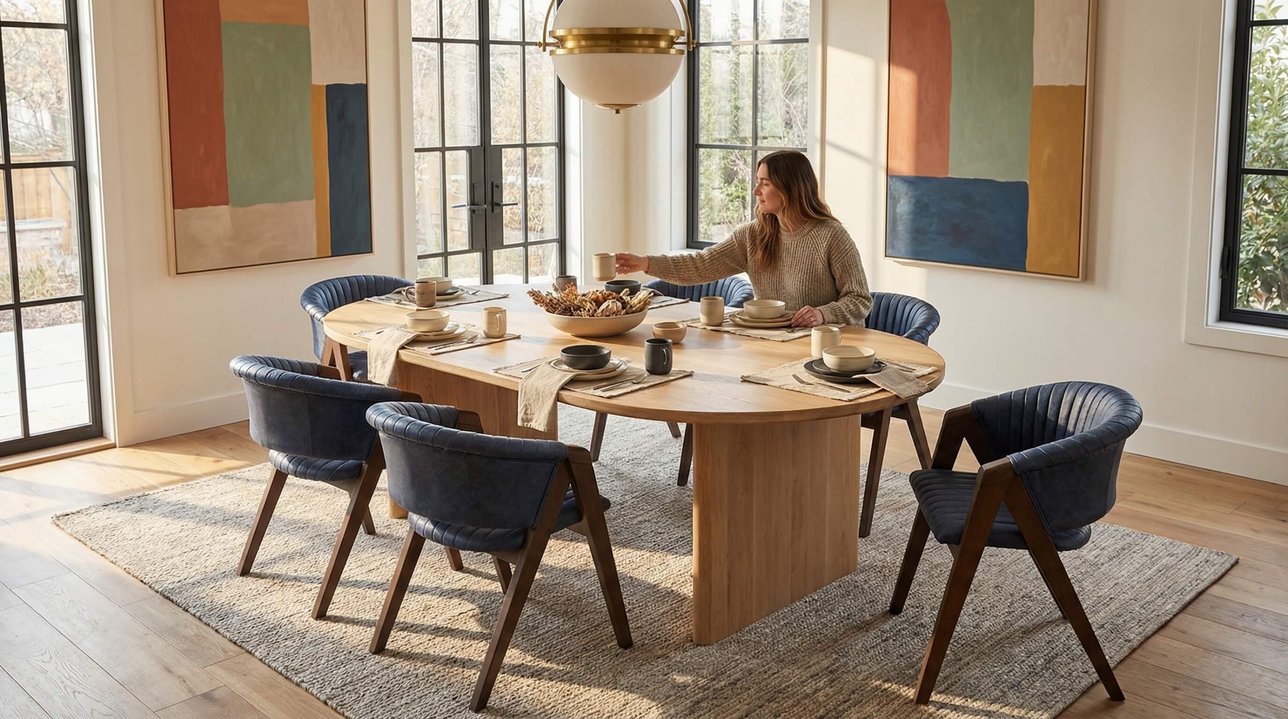 Moderne Essbereiche farblich strukturieren mit warmen Holzakzenten und harmonischen Materialien.