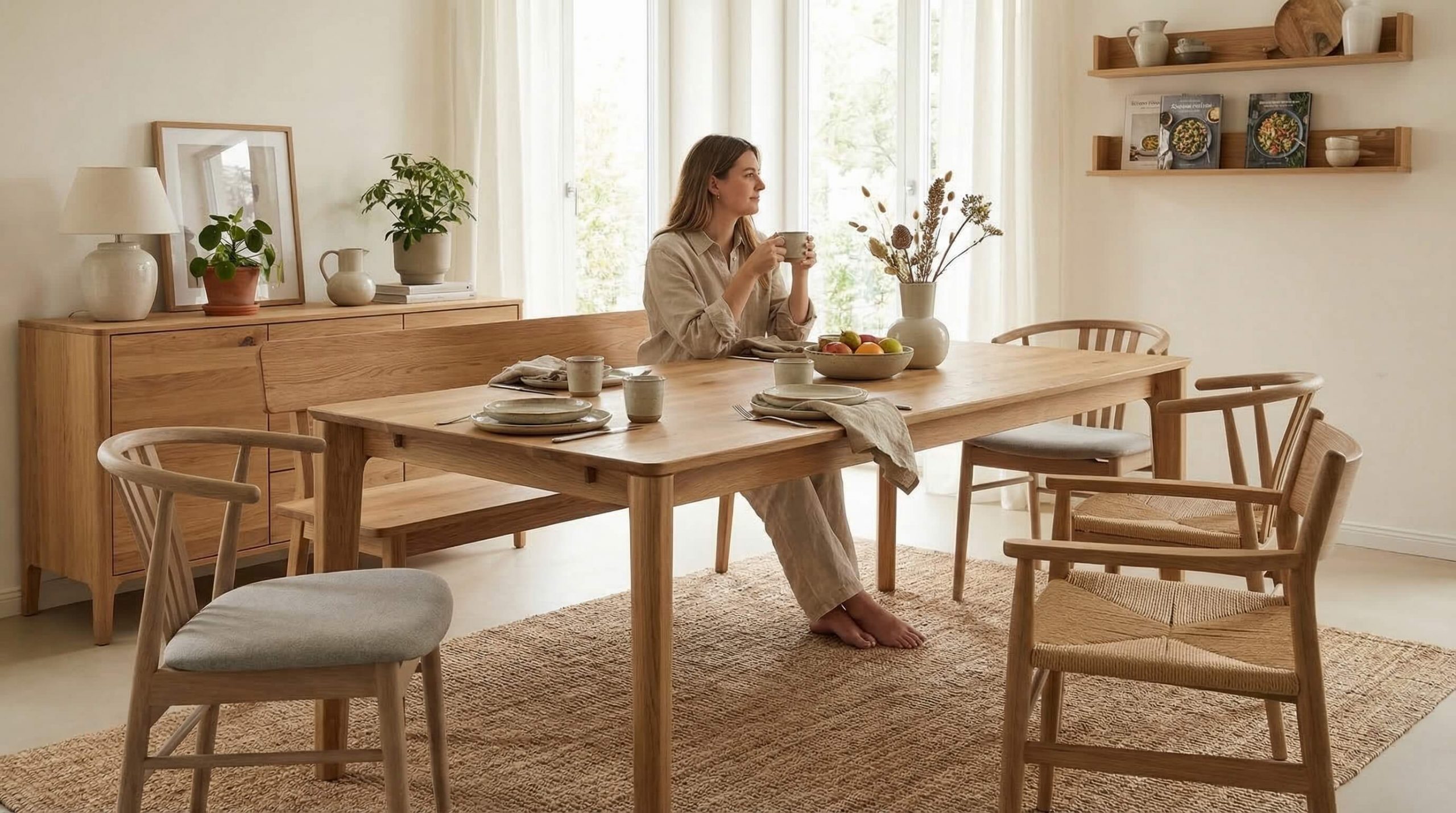 Heller Essbereich mit modernem Eichenstuhl Formen richtig auswählen und natürlicher Holzästhetik.