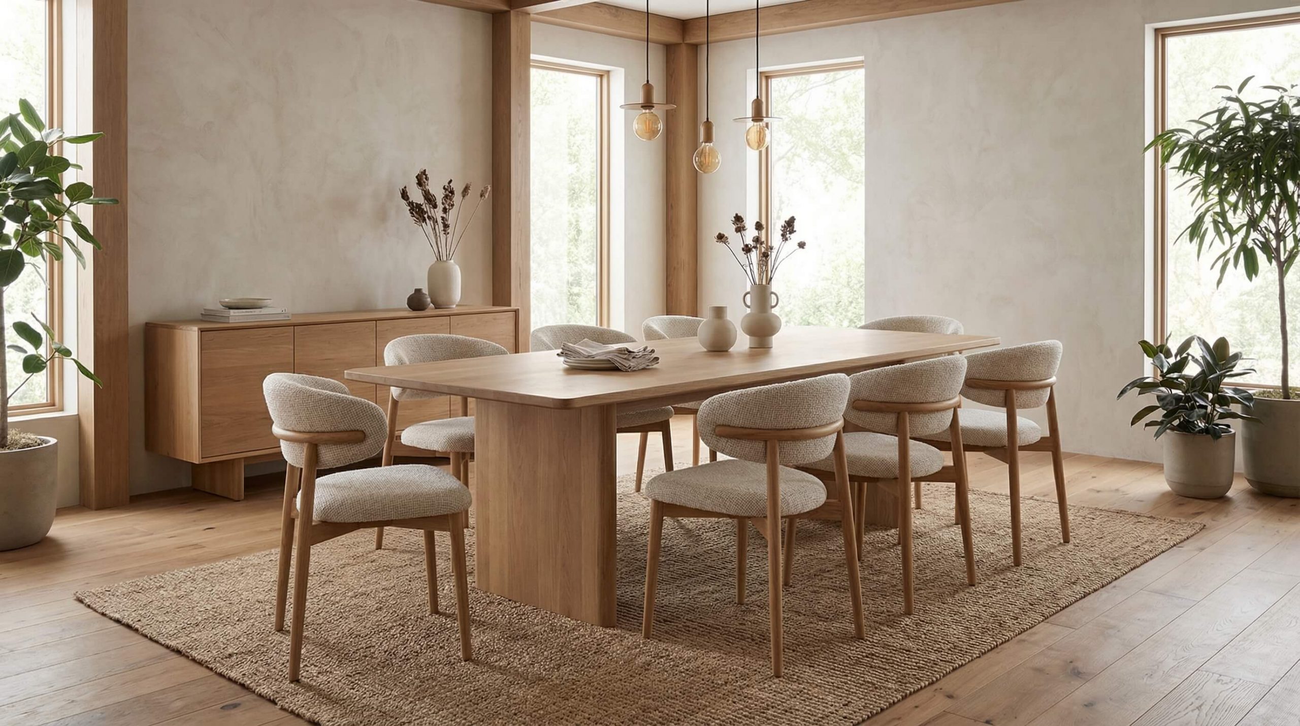 Realistische Innenaufnahme eines modernen Bereichs mit Holzstuhl Komfort Alltag Esszimmer und warmem Licht.