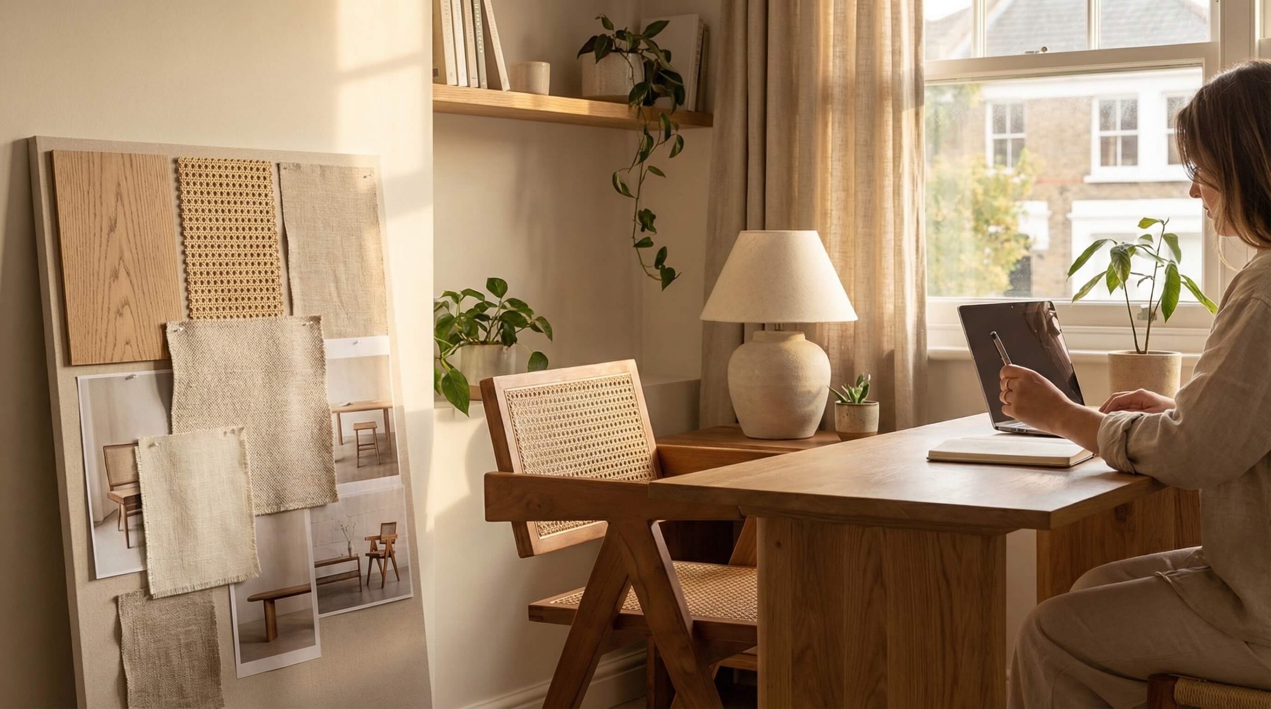 Interior Moodboards Holzoptik entwickeln für ein ruhiges, hochwertiges Arbeitszimmer mit warmen Naturmaterialien.