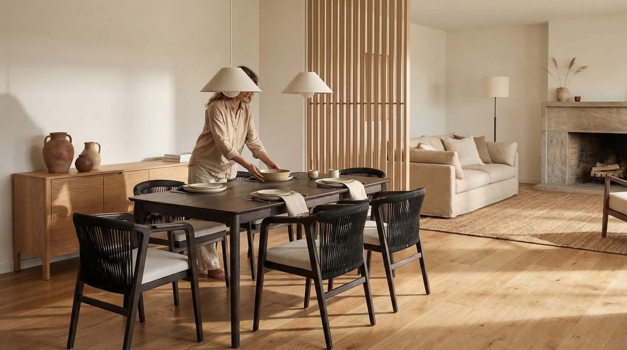 Offener Wohn-Essbereich mit Holzmöbeln, sanfter Lichtführung und Ideen, wie Sie Esszimmer Möbel stilvoll zonieren.