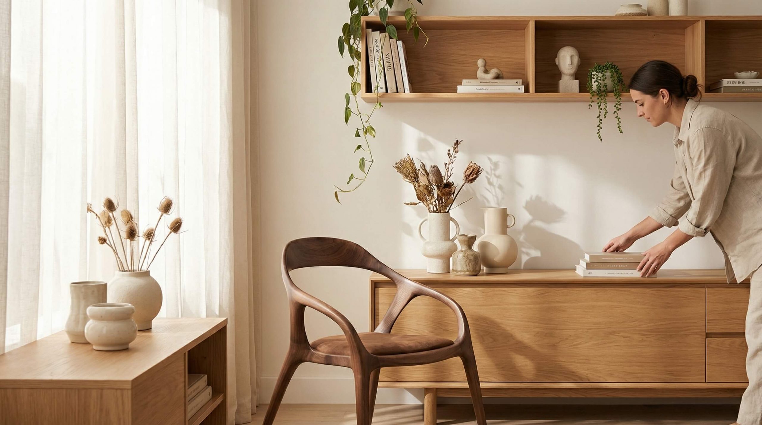 Studioähnlicher Wohnraum mit Eichenmöbeln, ideal um Premiumholz erkennen bewusst auswählen darzustellen.