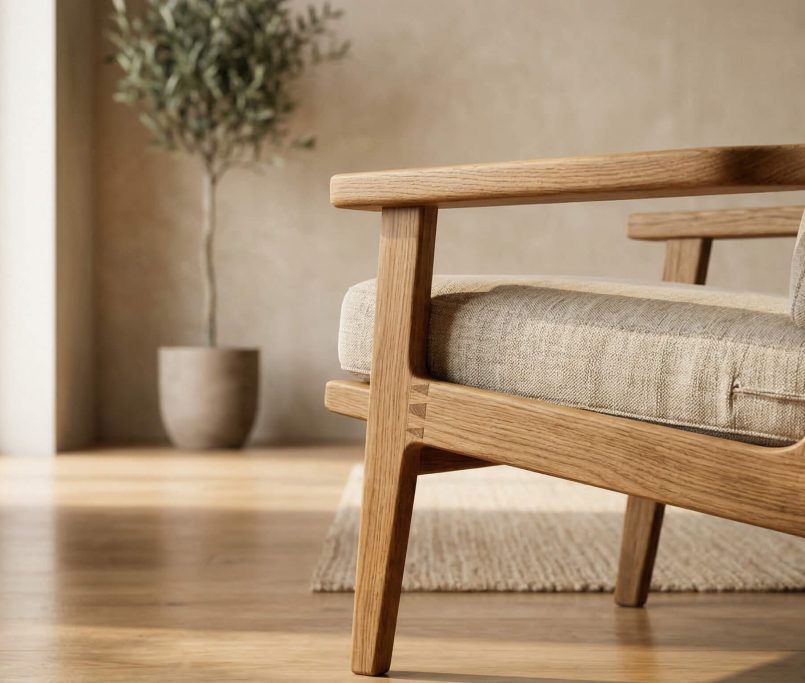 Hyperrealistisches Interior-Motiv, das zeigt, wie handwerkliche Details sichtbar werden, um Holzverarbeitung bei Premiumstühlen verstehen zu können.