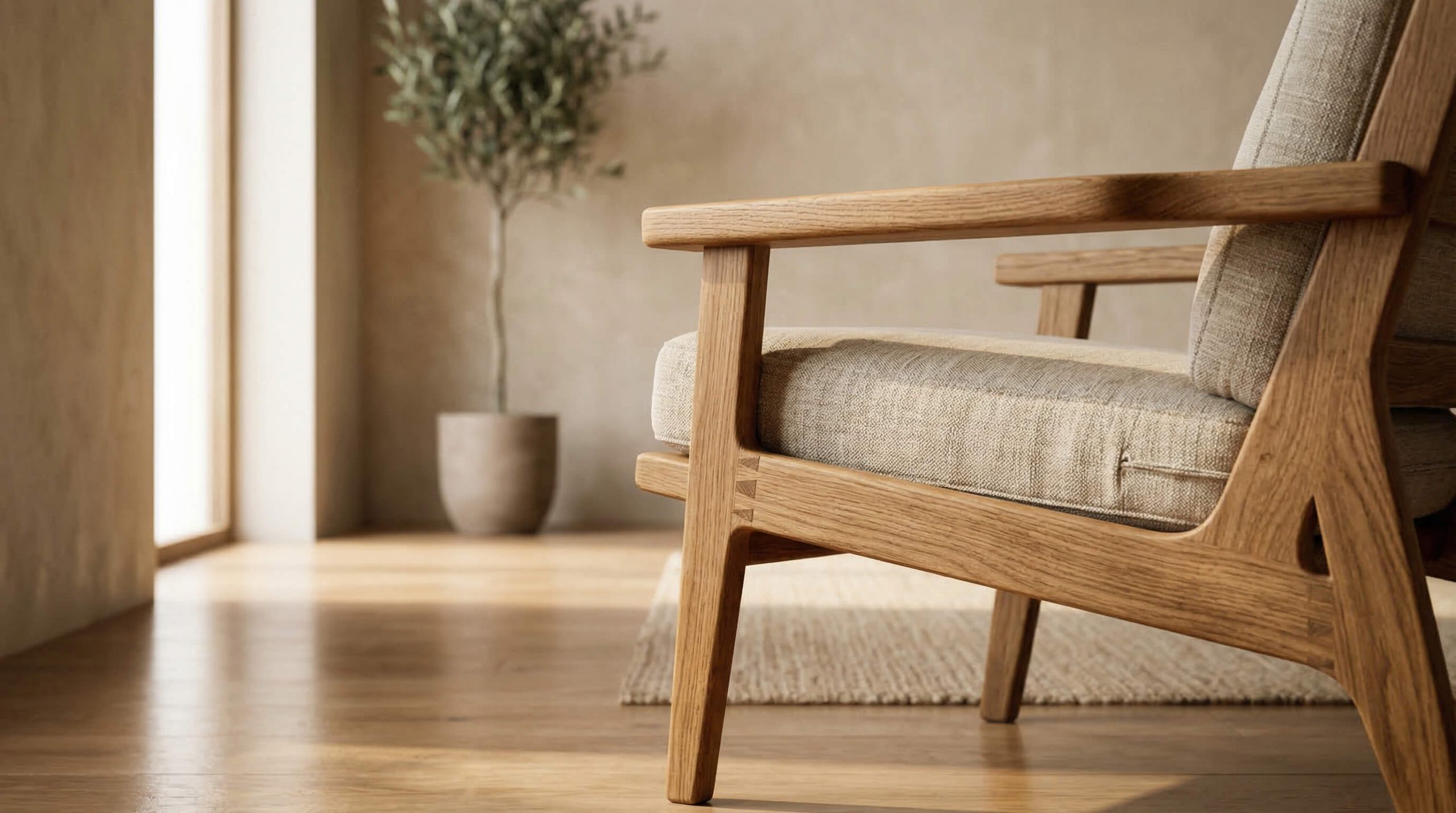 Hyperrealistisches Interior-Motiv, das zeigt, wie handwerkliche Details sichtbar werden, um Holzverarbeitung bei Premiumstühlen verstehen zu können.