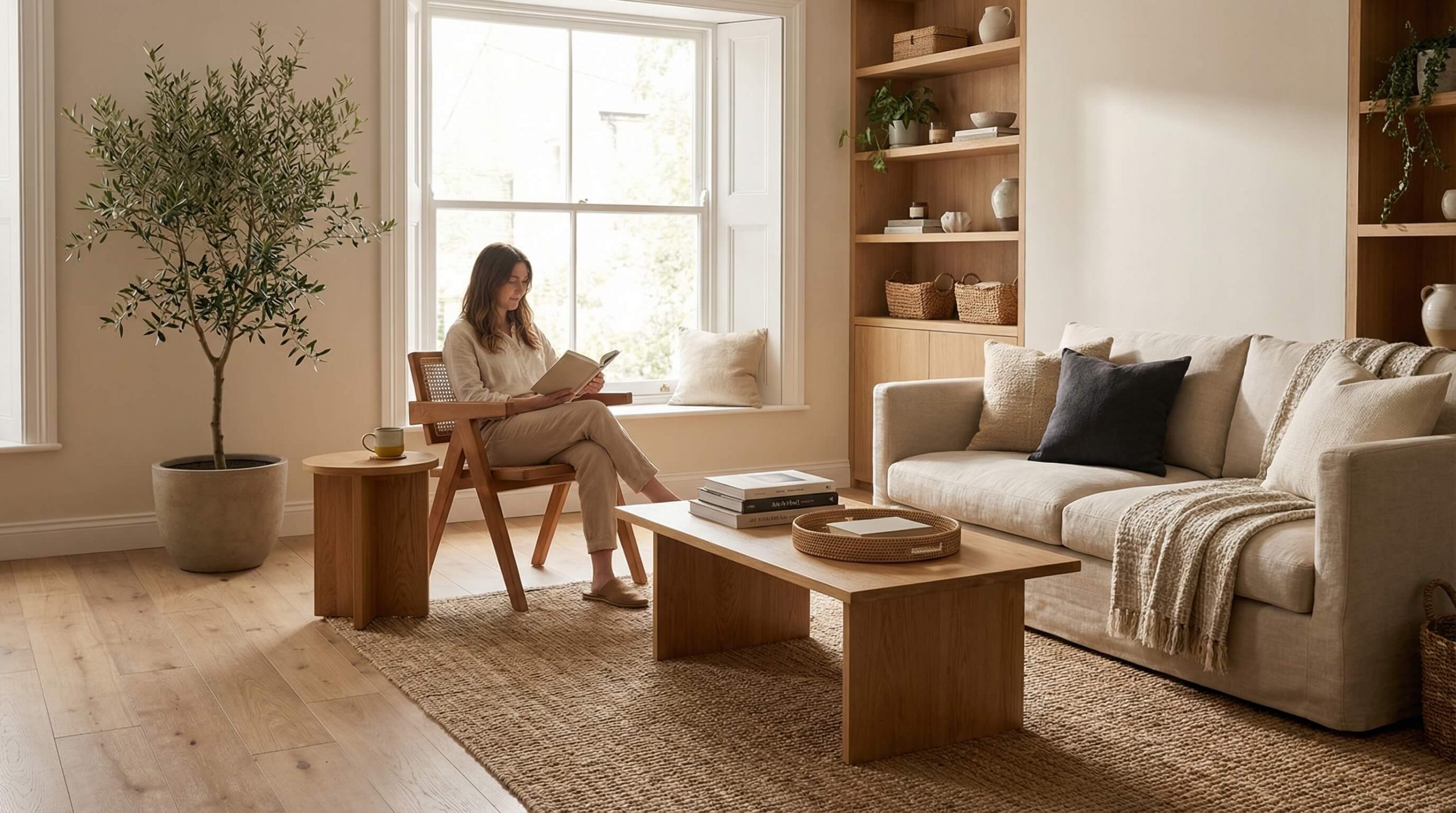 Harmonischer Wohnbereich, der zeigt, wie Sie Rattan und Eiche im Interior kombinieren können, warmes Licht und natürliche Texturen.