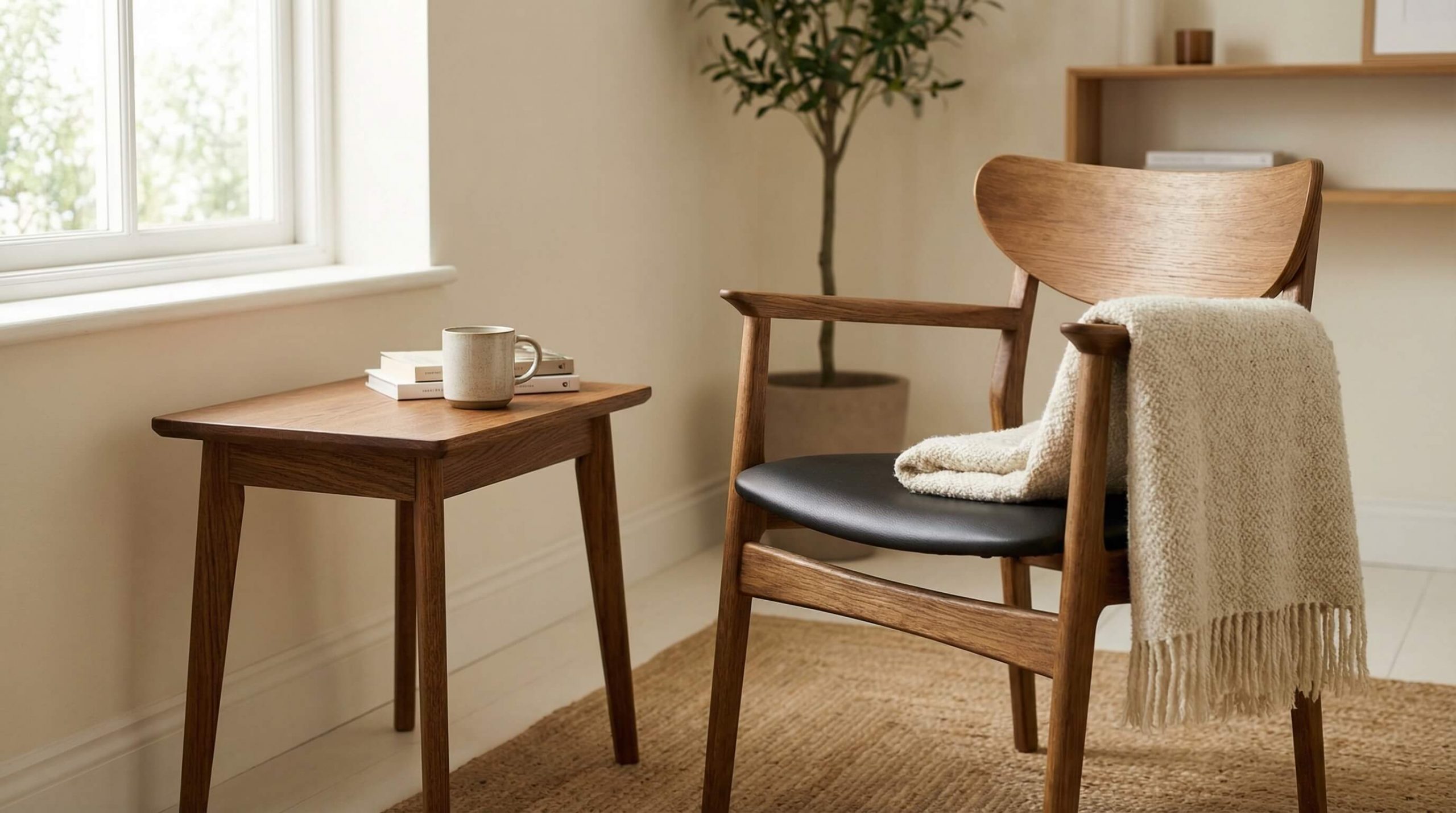 Ruhige Leseecke mit warmen Eichenmöbeln, die Premium Holzverarbeitung Qualität erkennen lassen.