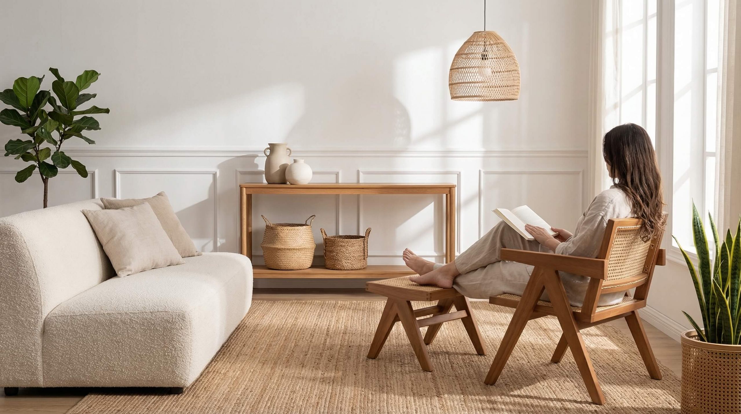 Wohnräume mit Rattanstrukturen auflockern in einer ruhigen Lounge-Szene mit warmem Eichenholz und natürlicher Atmosphäre.