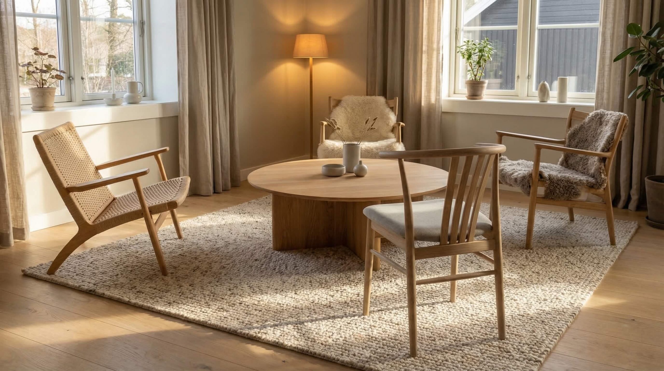 Skandinavisches Wohnzimmer mit harmonisch integrierten Eichenstuhl Formen richtig auswählen in warmem, natürlichem Licht.