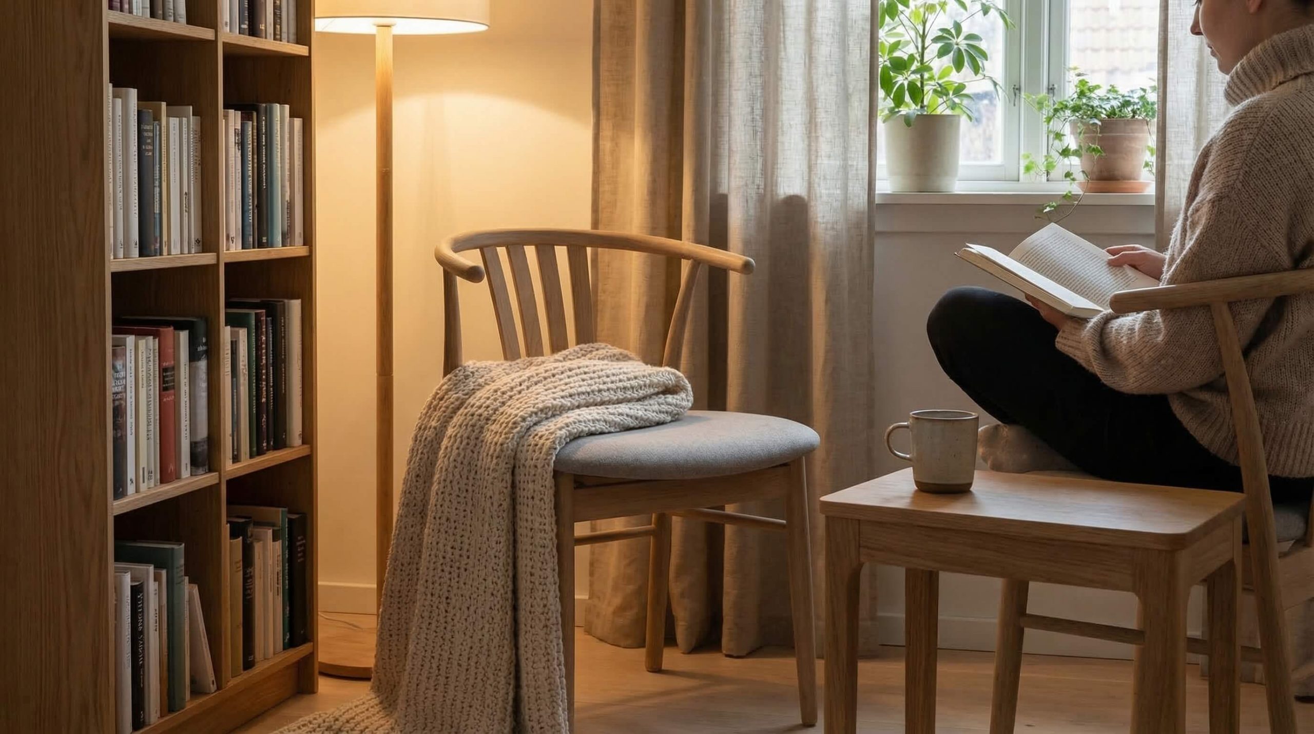 Natürliche Leseecke mit warmem Holzlicht und Eichenstuhl Formen richtig auswählen im Wohnbereich.