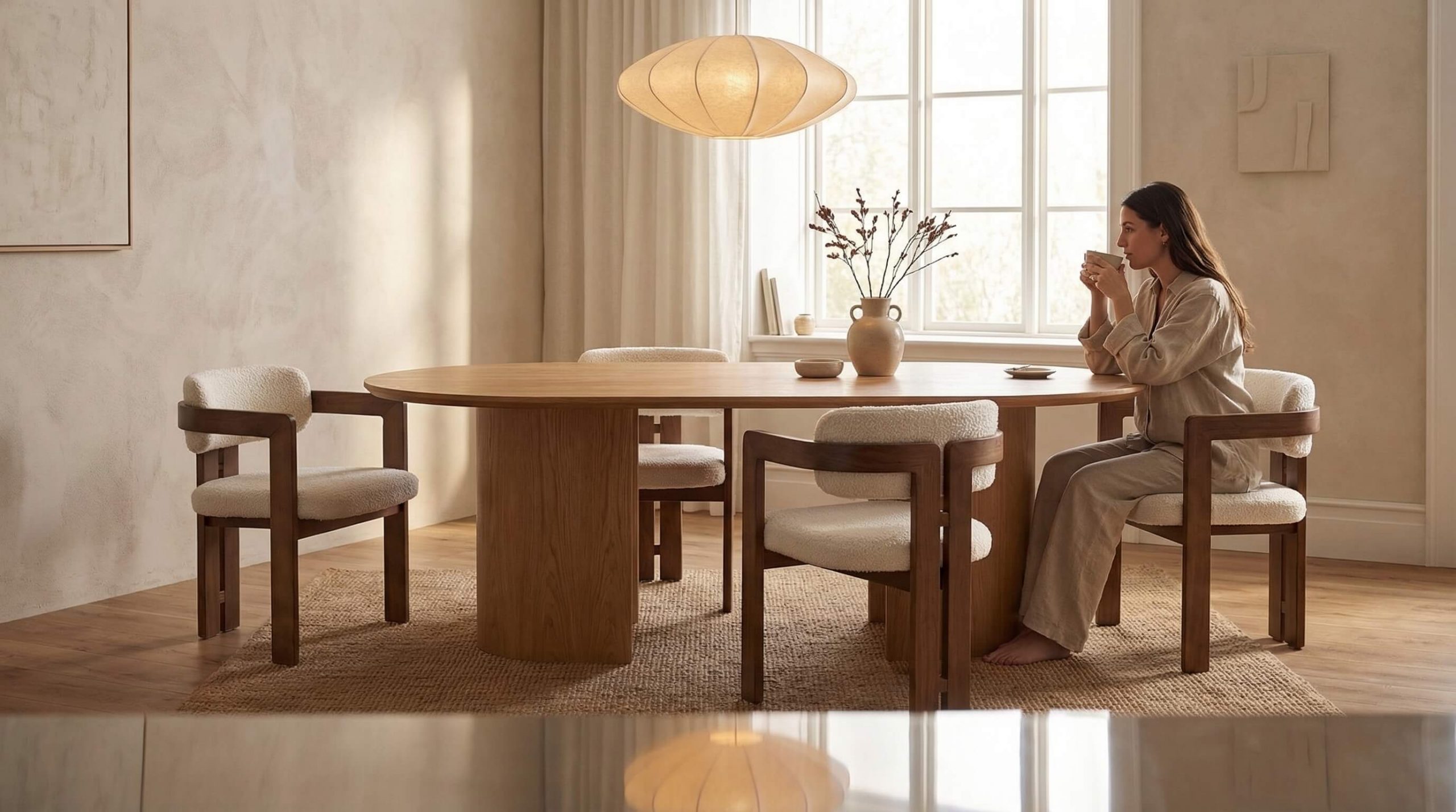 Elegantes Interior mit Esszimmer Beleuchtung Holzstühle inszenieren für ein warmes Wohngefühl.