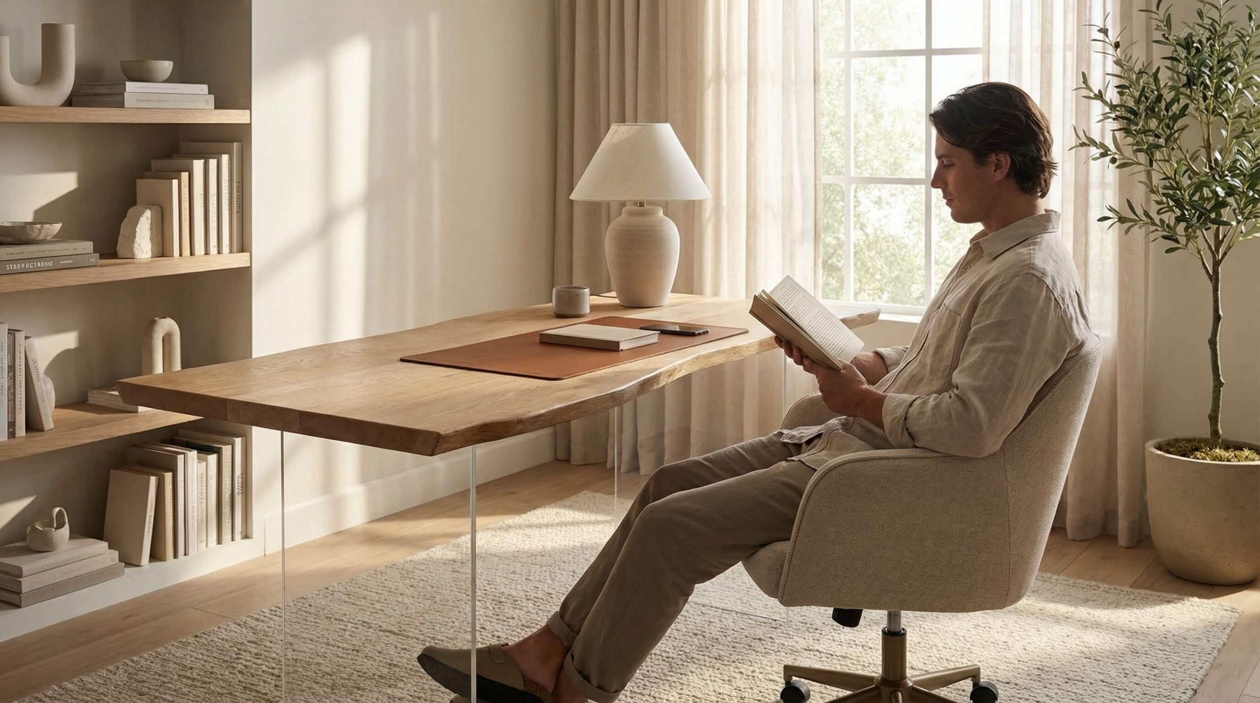 Stilvolles Arbeitszimmer mit ergonomischen Tischhöhen für komfortables Sitzen und natürlicher Holzwärme.