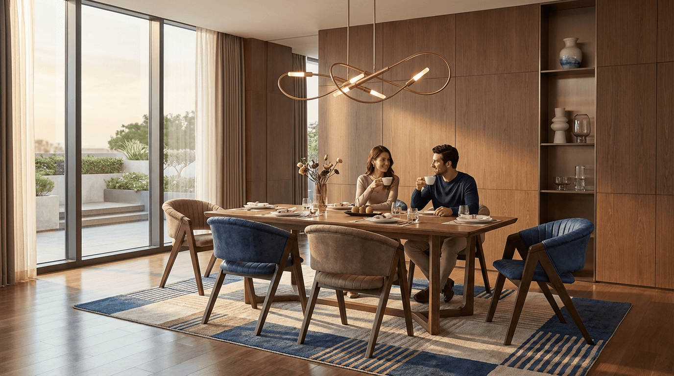 Moderne Essbereiche farblich strukturieren mit klaren Zonen und warmem Holz.