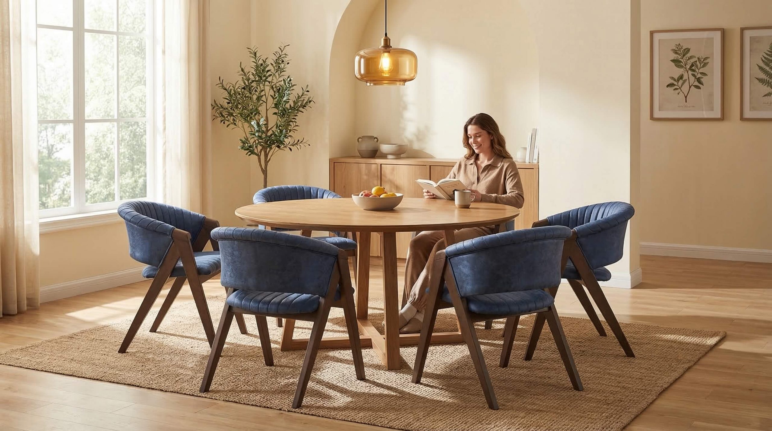 Ergonomischer Essbereich Planung Zuhause mit warmem Licht, Eichenmöbeln und harmonischer Raumgestaltung.