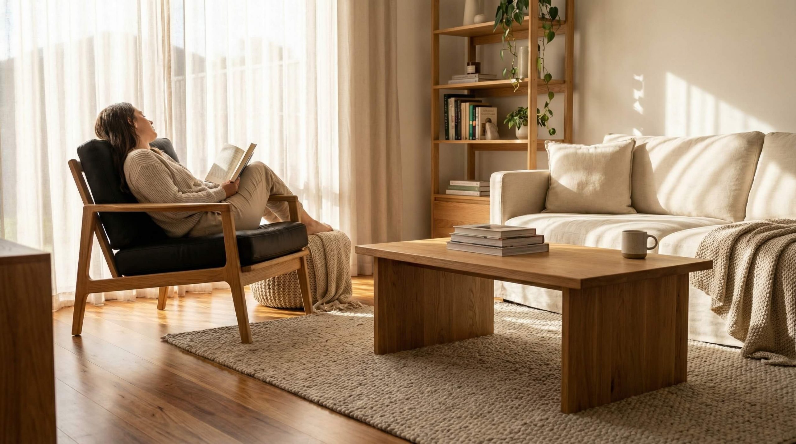 Helles Wohnzimmer mit moderner Eicheinrichtung, das Premium Holzverarbeitung Qualität erkennen lässt.