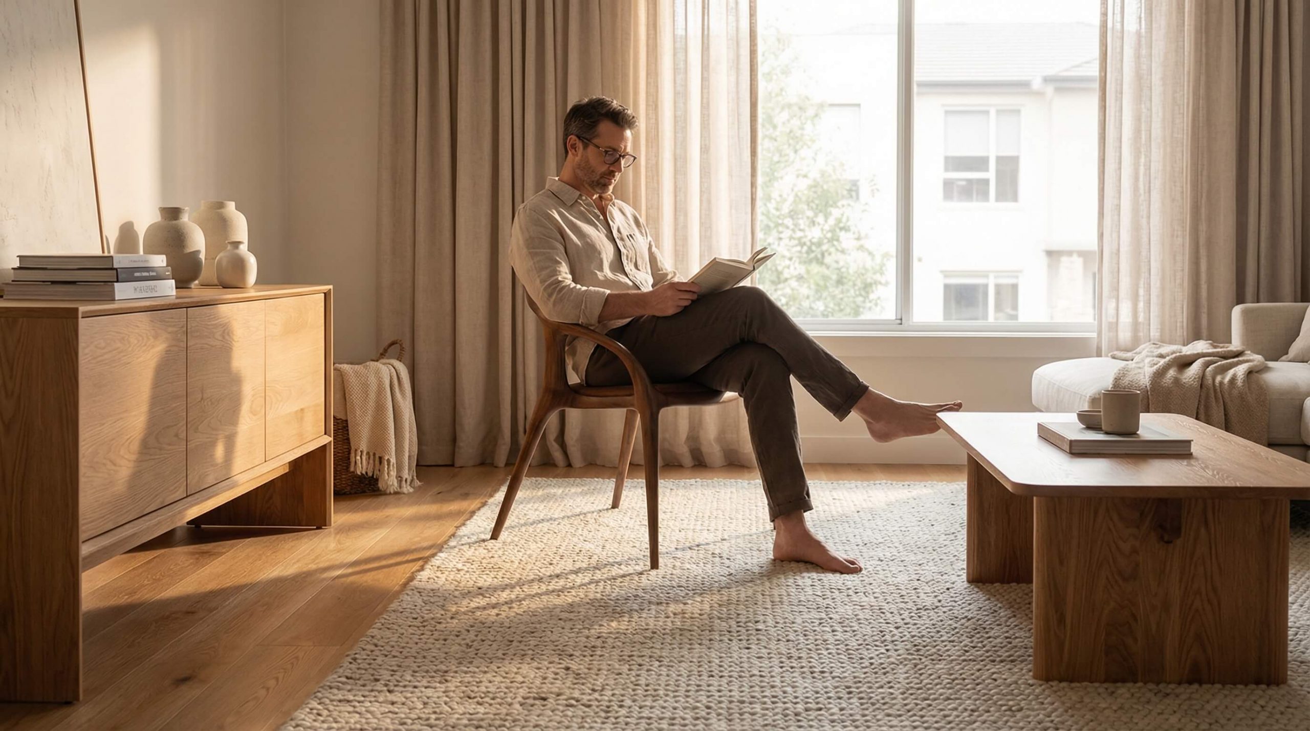 Modernes Wohnzimmer mit Eichenmöbeln, das zeigt, wie man Premiumholz erkennen bewusst auswählen kann.